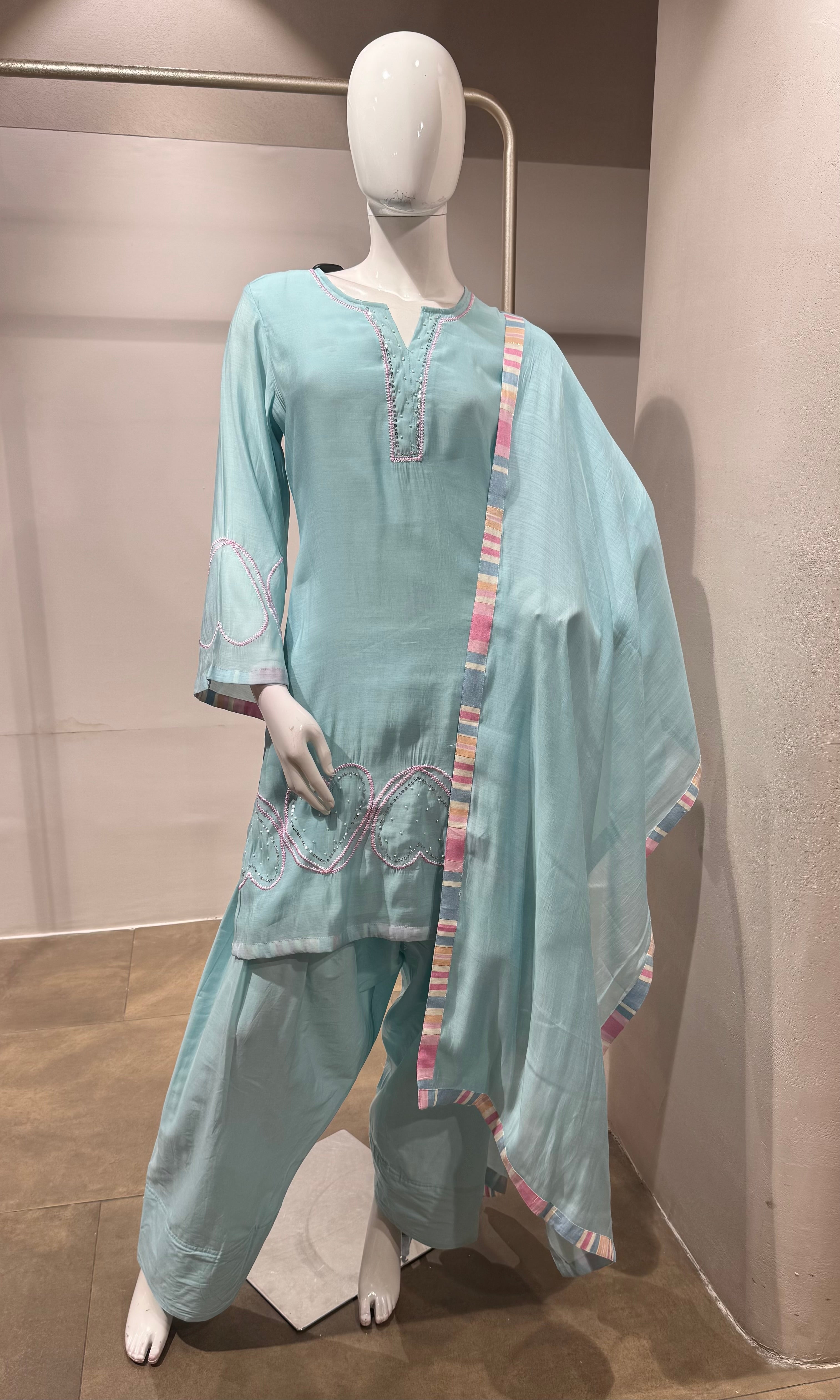Sky Blue Kurta Suit with Multicolor Dupatta