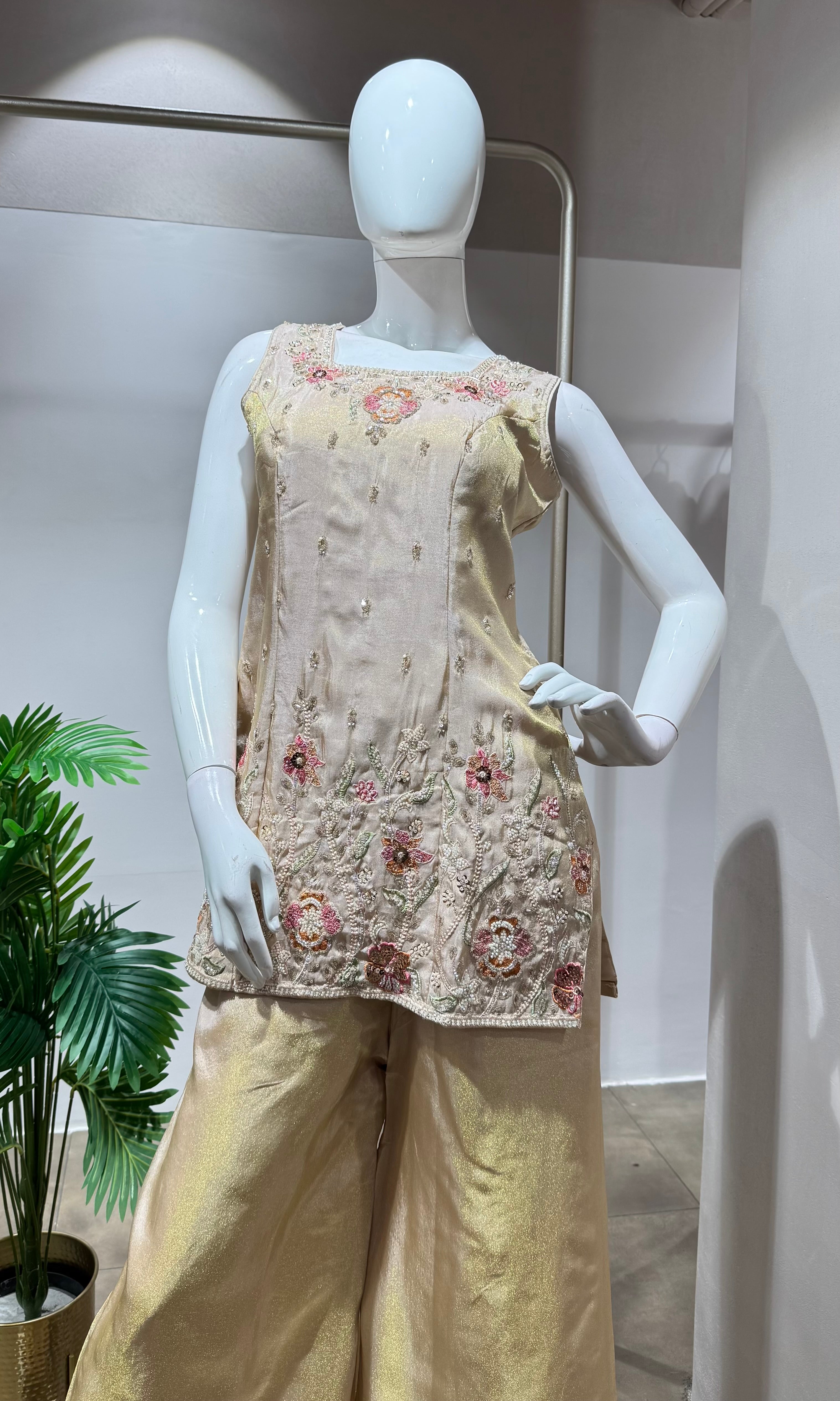 Peach shimmer gold tissue floral embroidery sharara