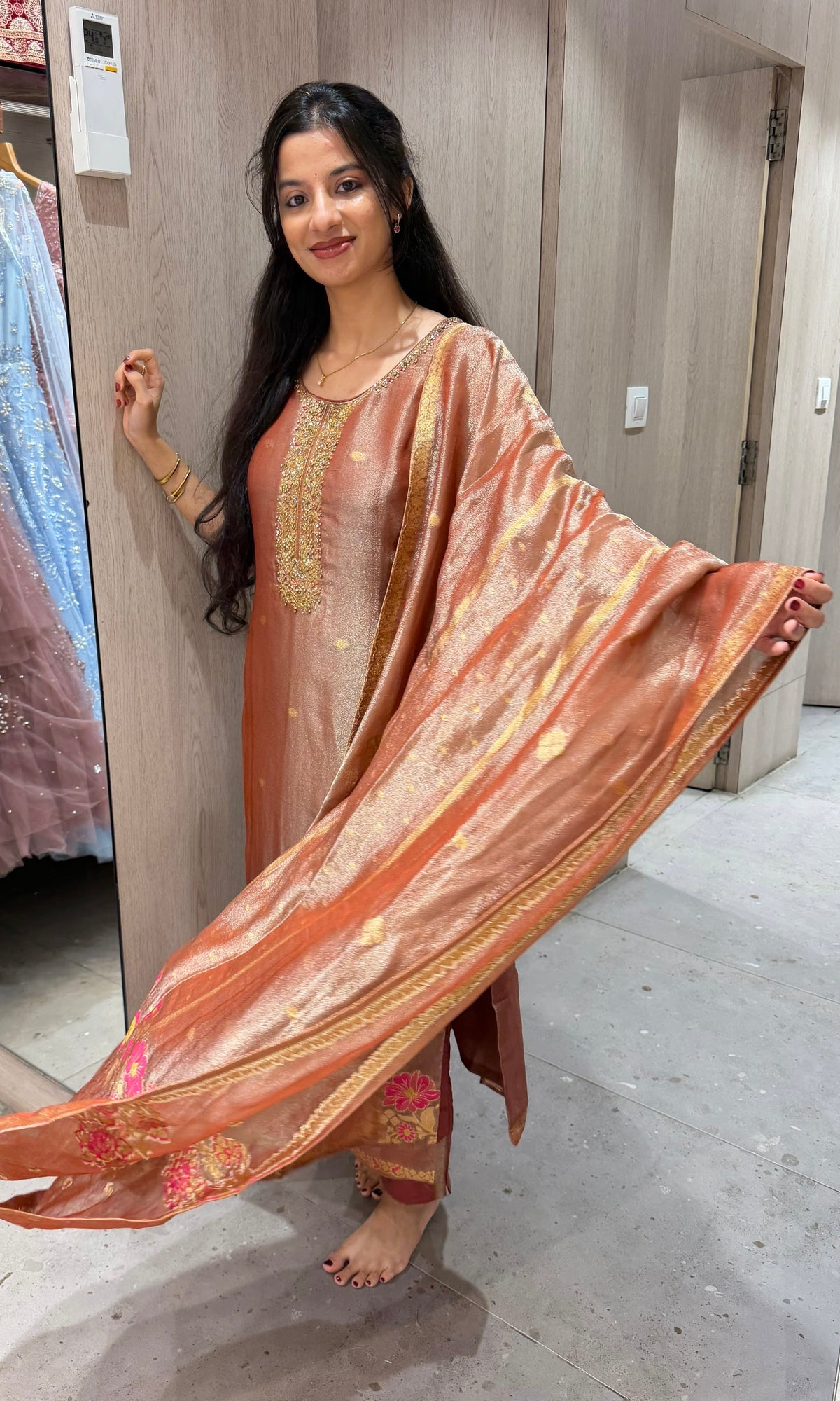 Rust floral Tissue Silk Banarasi kurta Set with dupatta