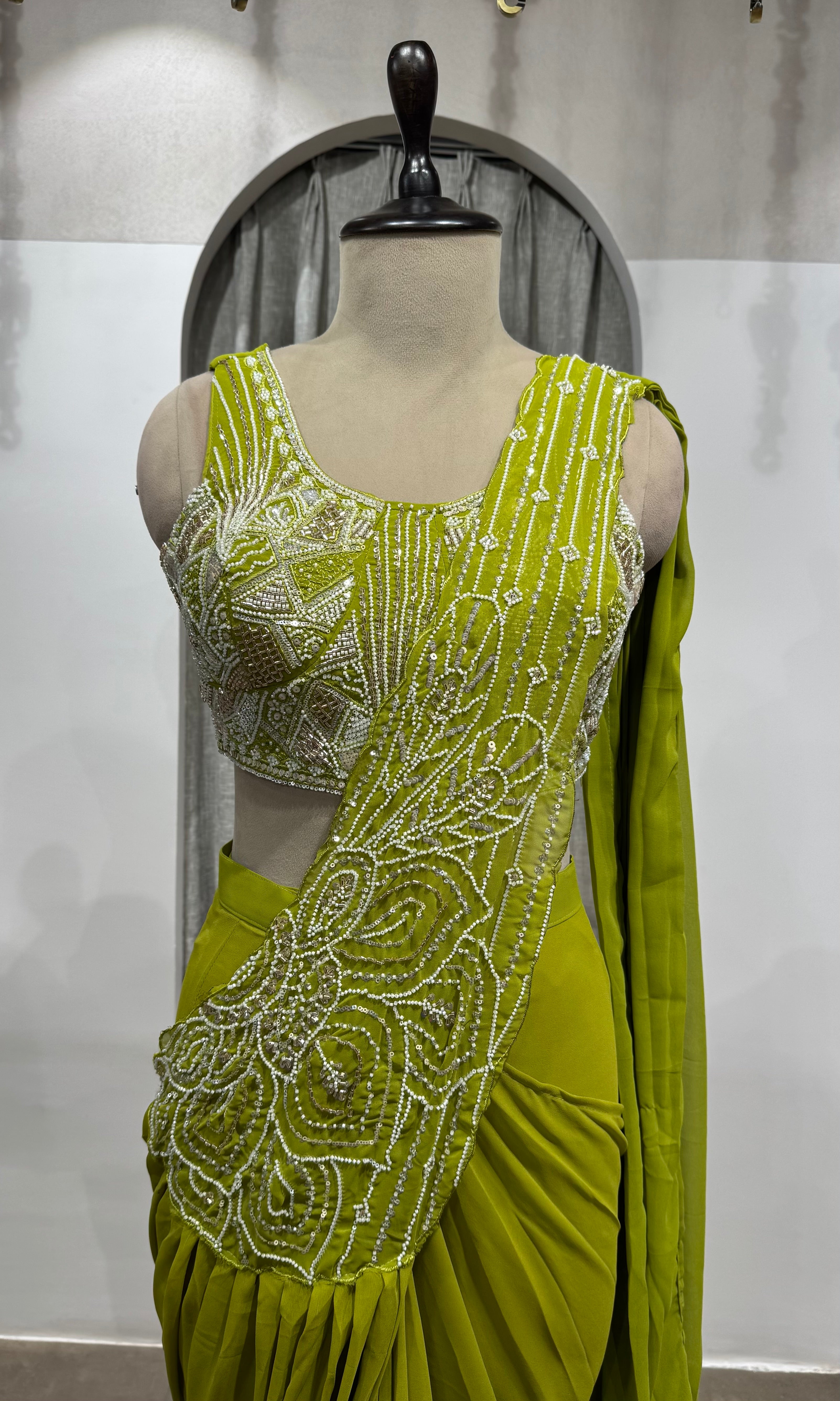 Green Pearl Embellished Pre-Draped Saree
