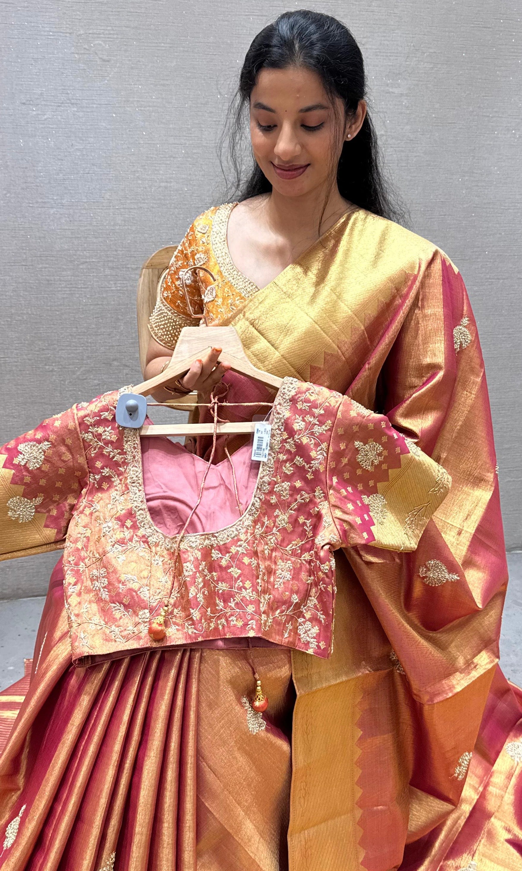 Rust orange and gold saree with ready blouse