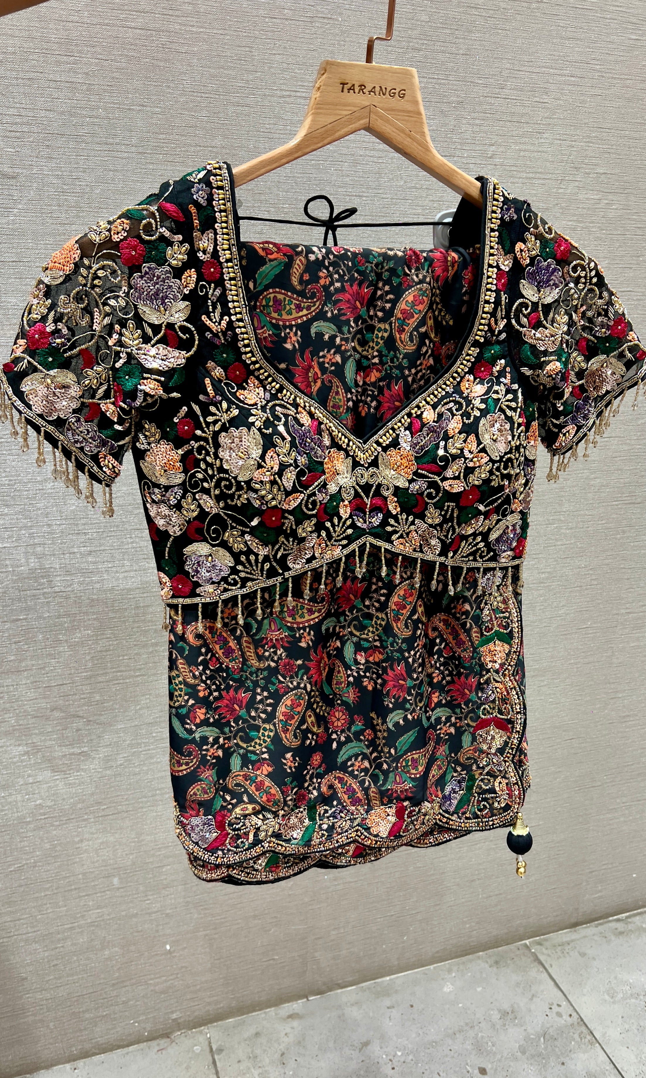 Black floral embroidered saree with a ready blouse