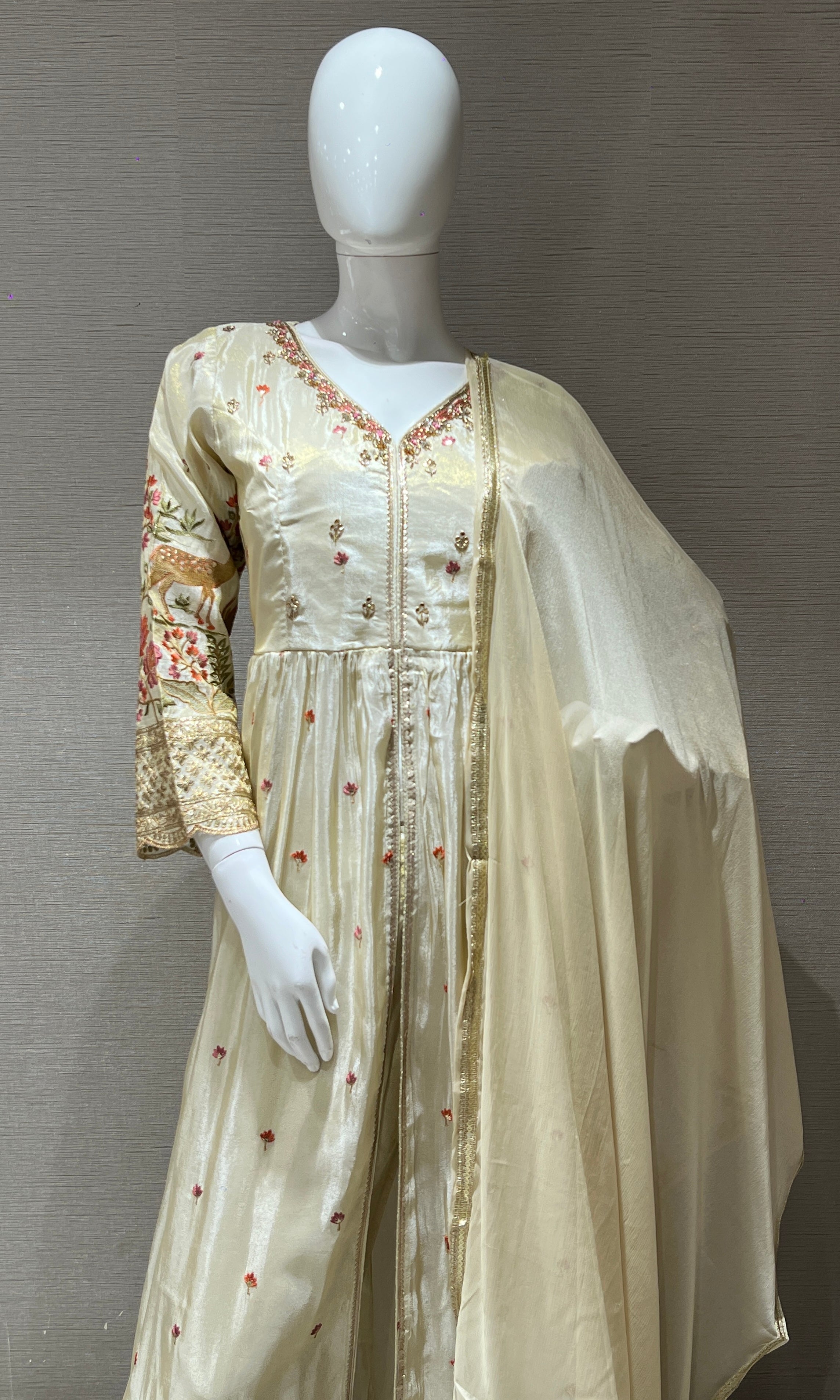Half White Embroidered front slit Anarkali with palazzo pants