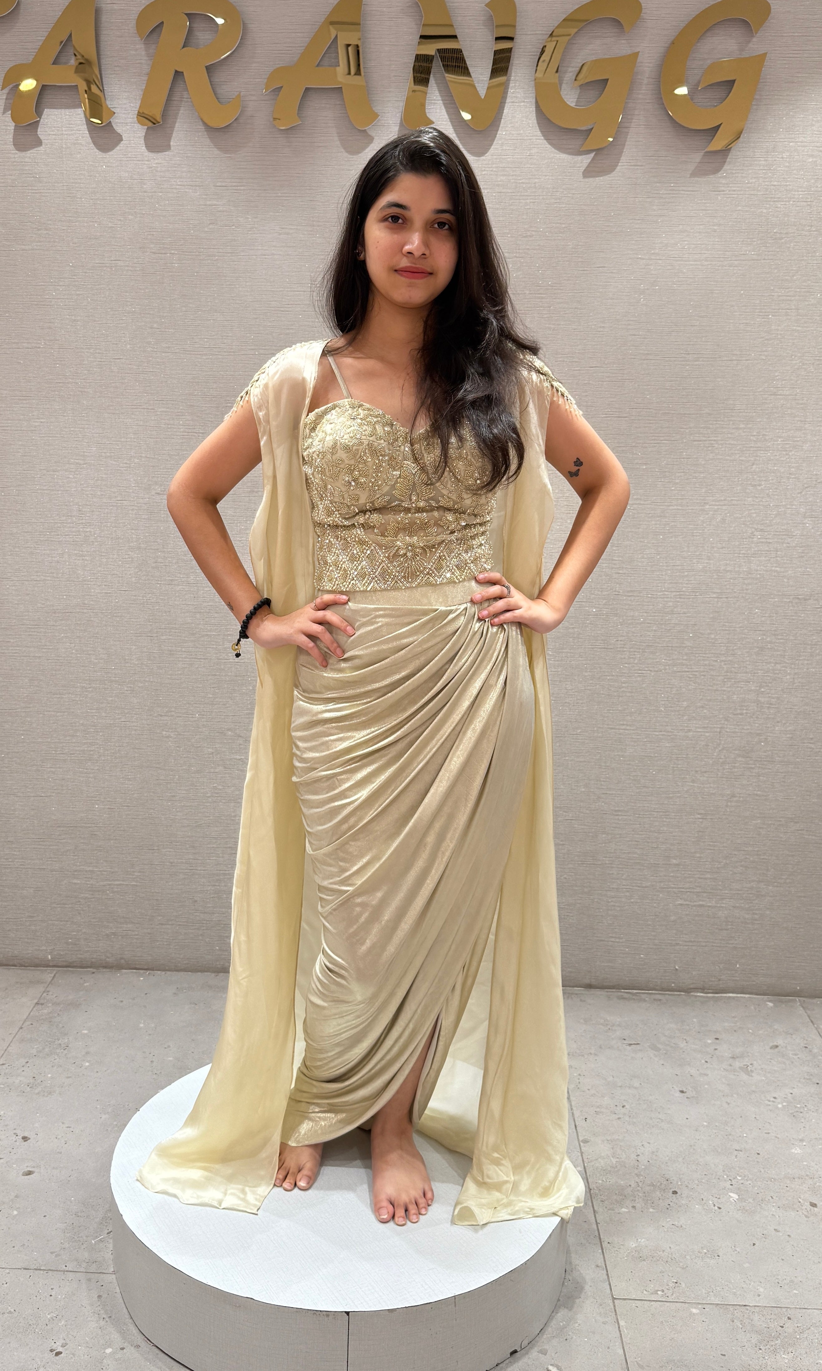 Ivory gold Draped Skirt Set with cape