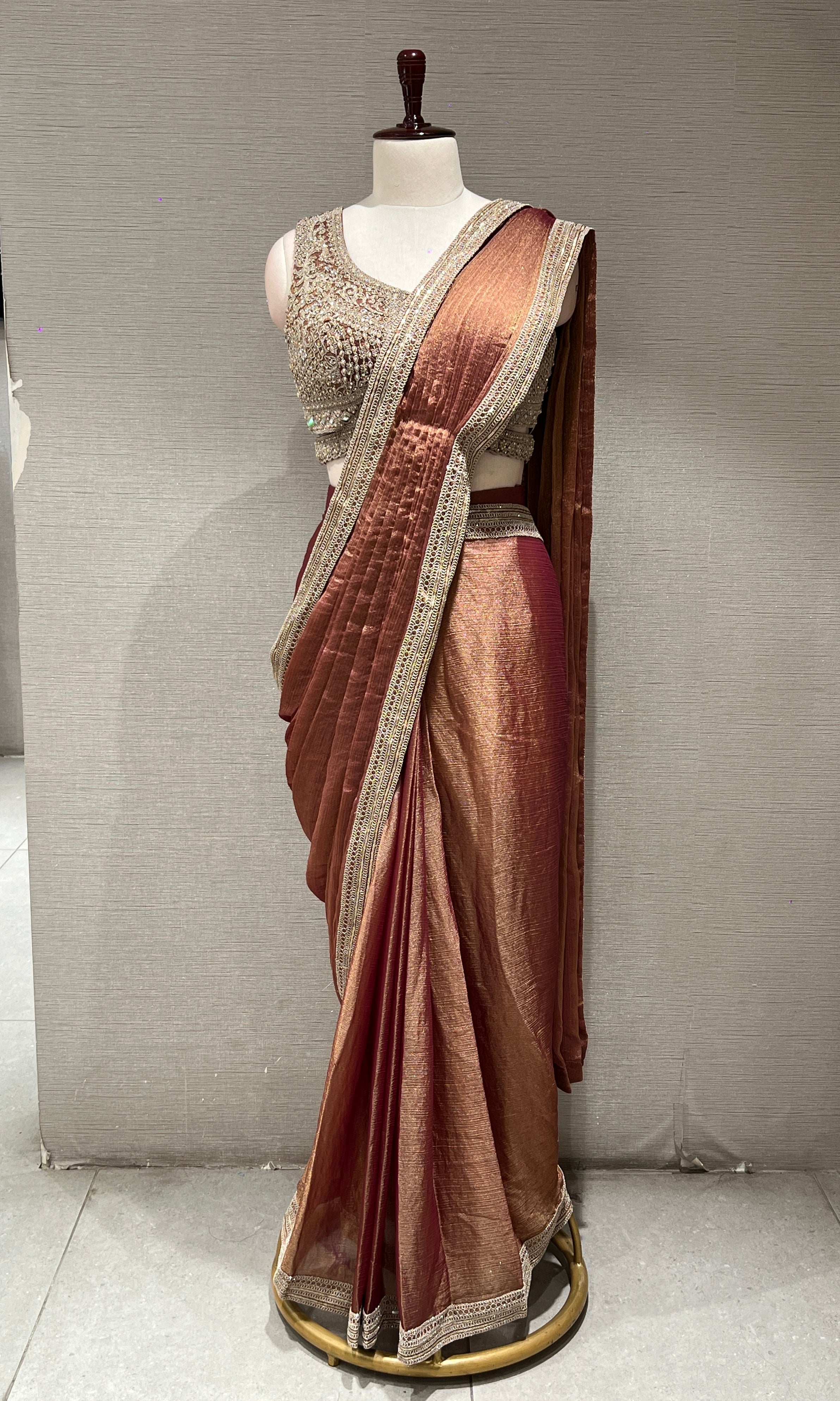 RUST GOLDEN DRAPE SAREE WITH ELEGANT BLOUSE