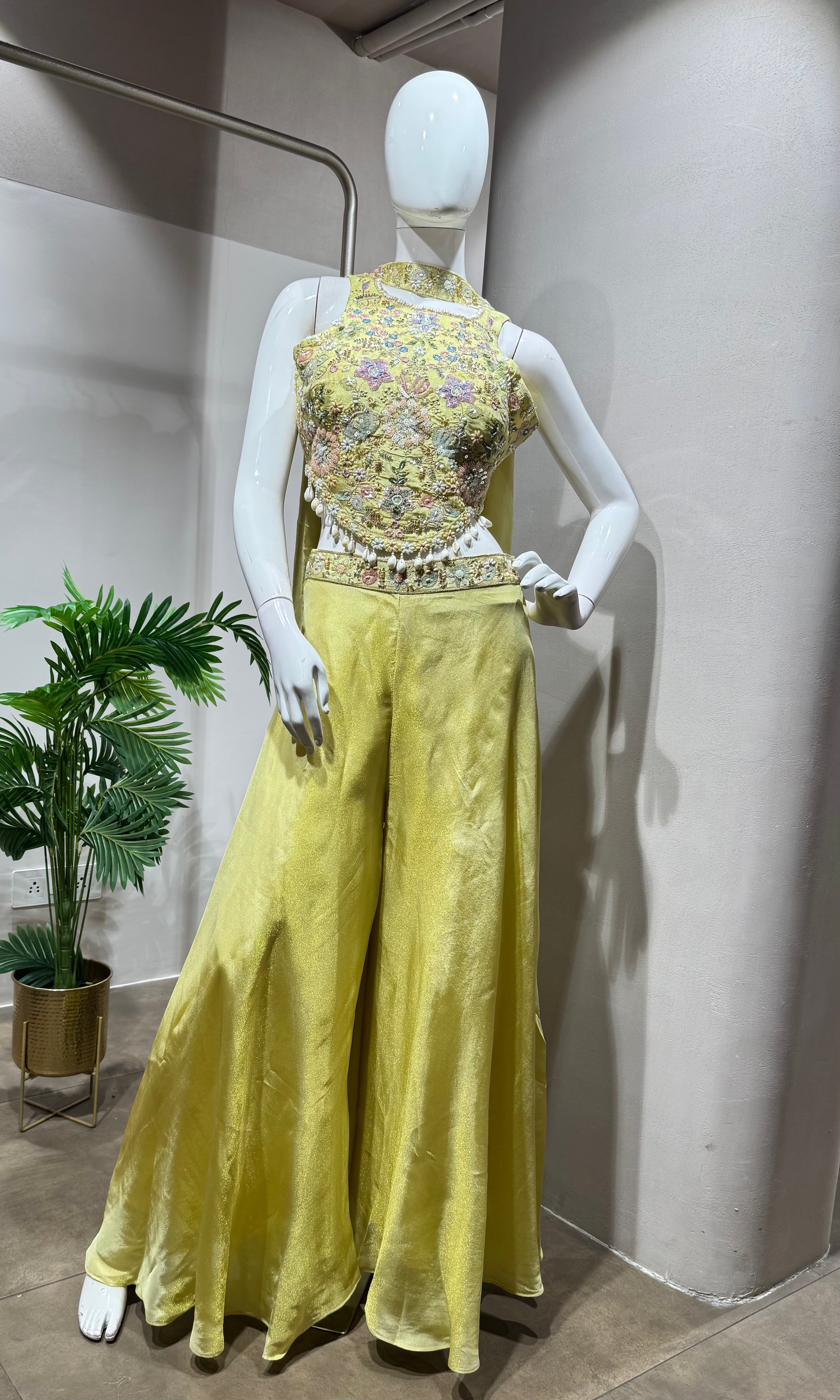 Lime YELLOW Silk Palazzo set with Scalloped Tassel