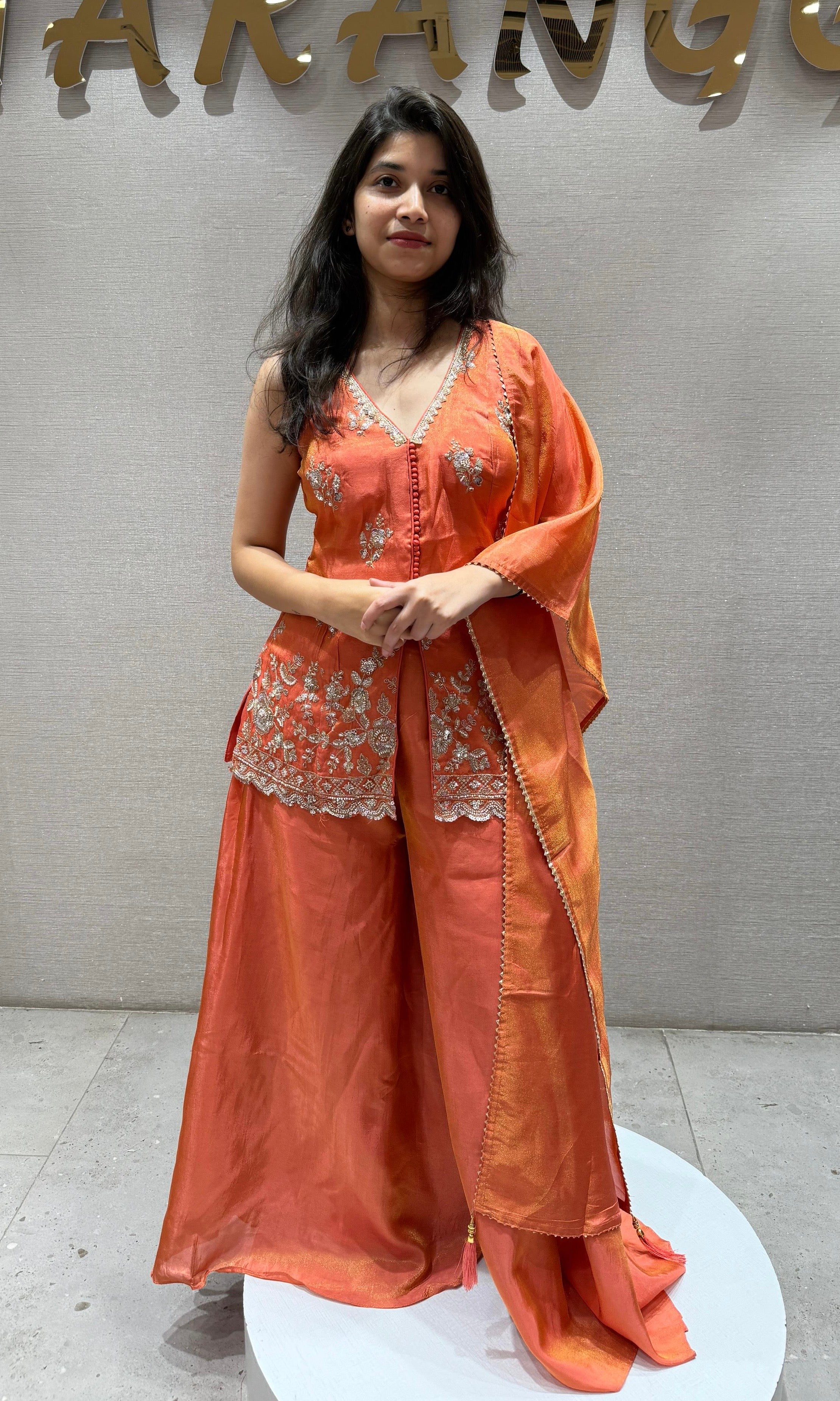 orange Peplum Palazzo set in shimmer silk