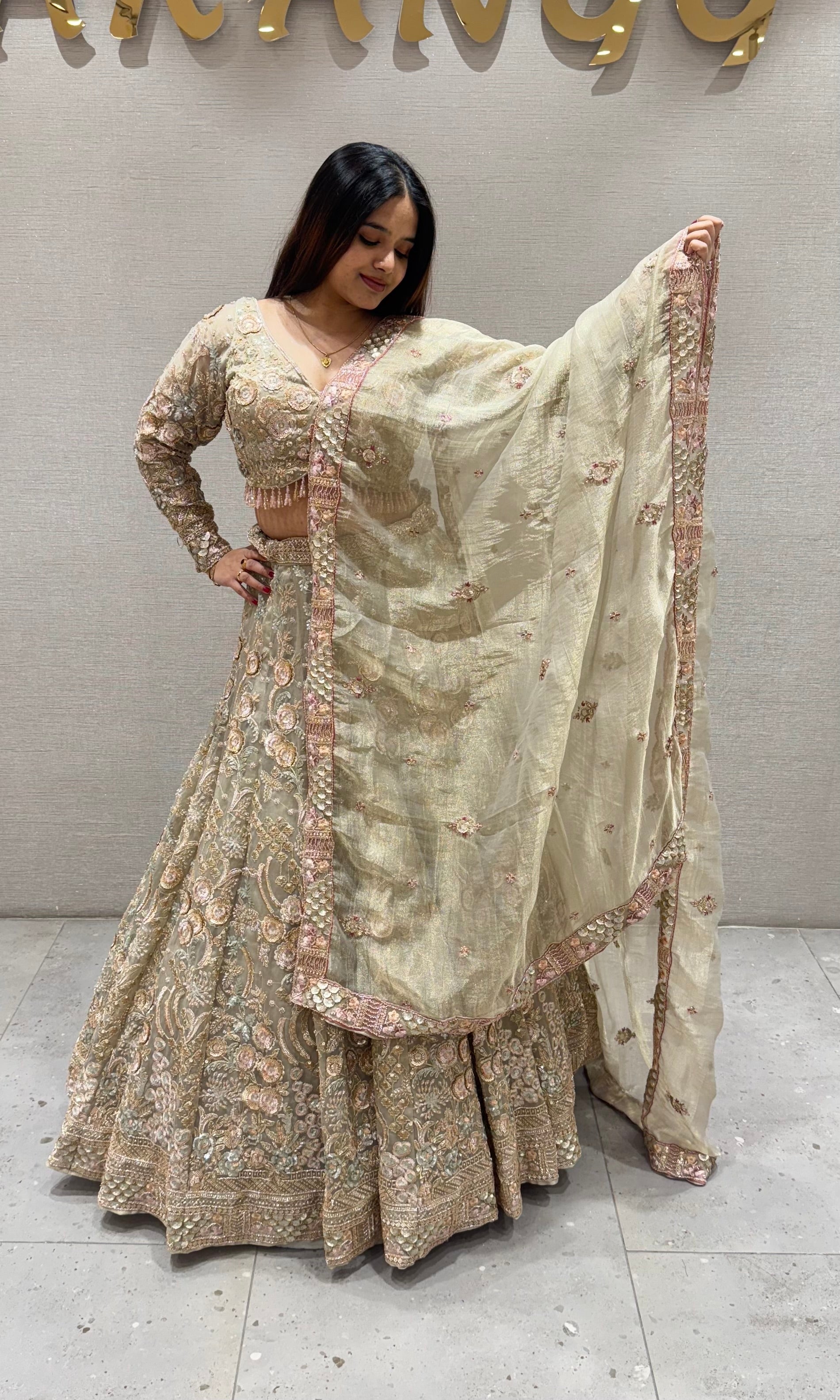 Sage green gold zardosi work lehenga