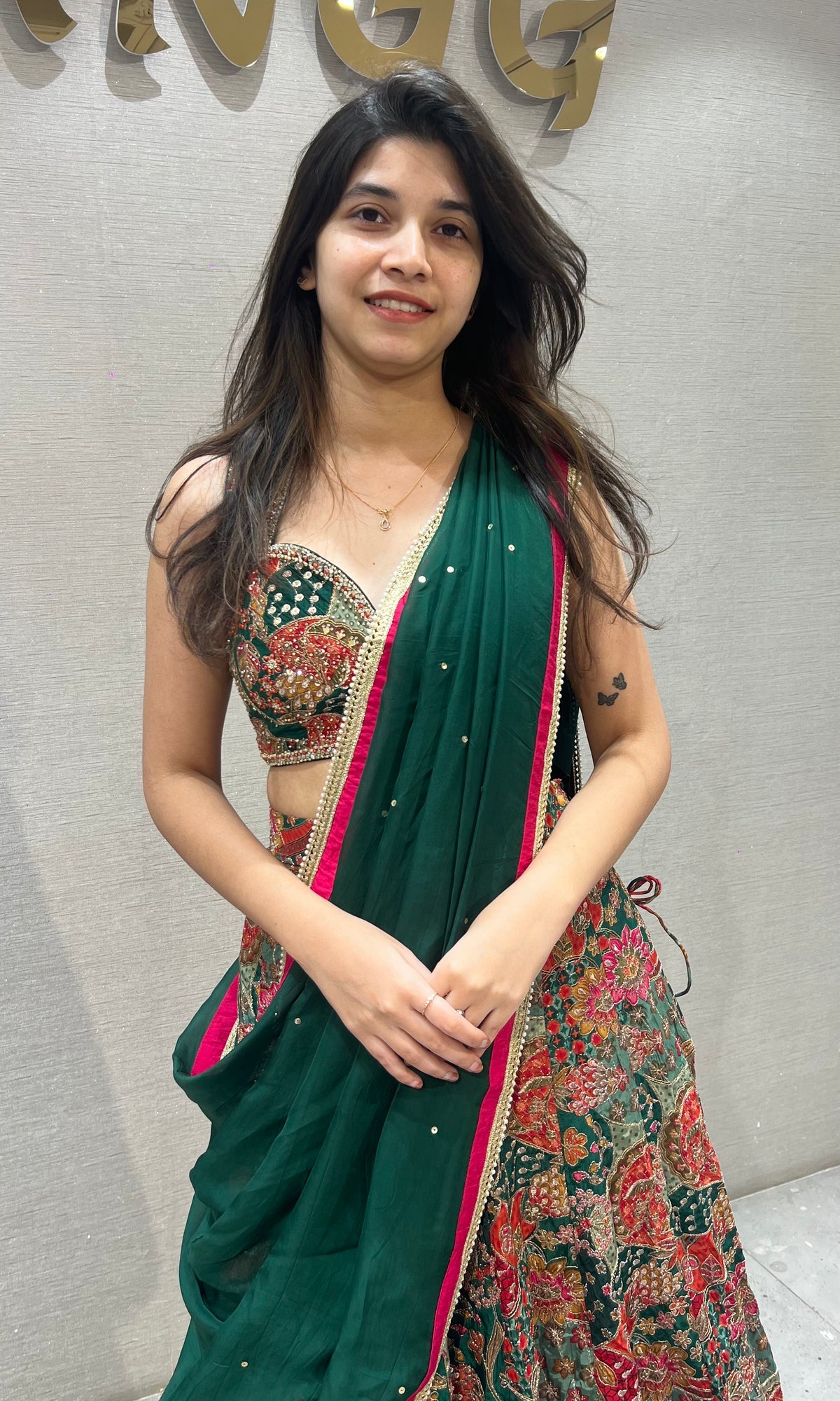 Green silk Intricate floral printed lehenga set