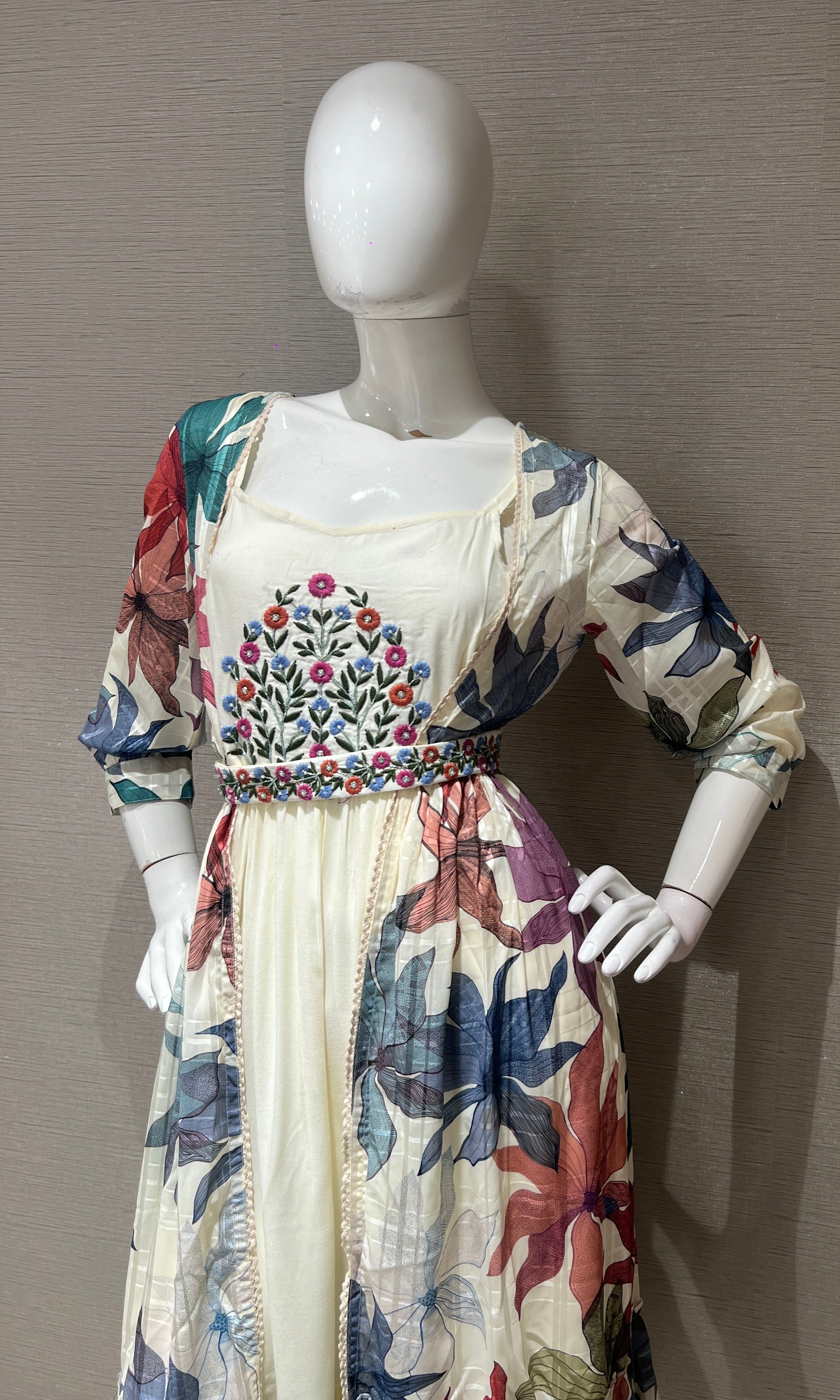 Cream Floral Print Festive Tiered Fusion frock