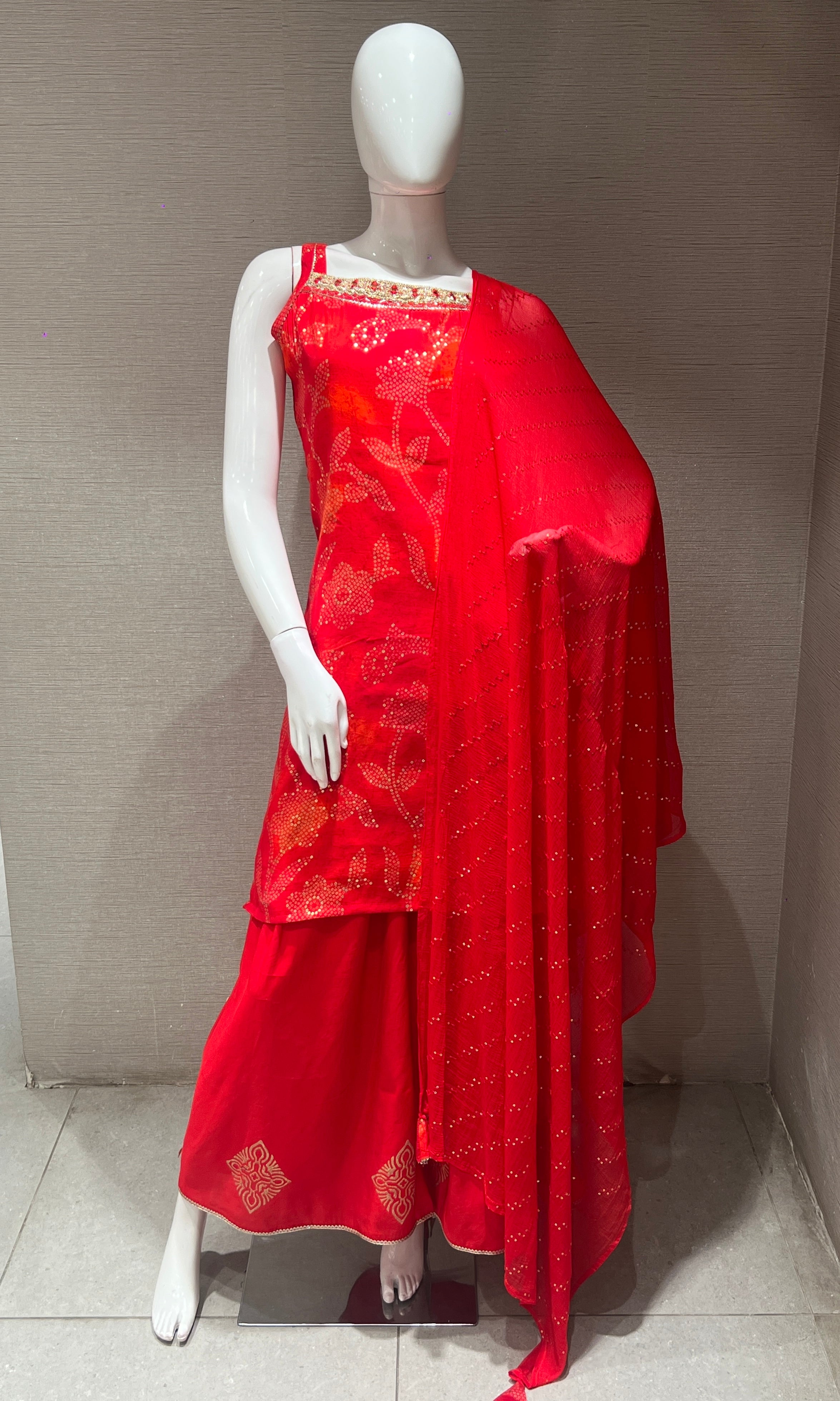 Red FLORAL EMBROIDERED SHARARA SET