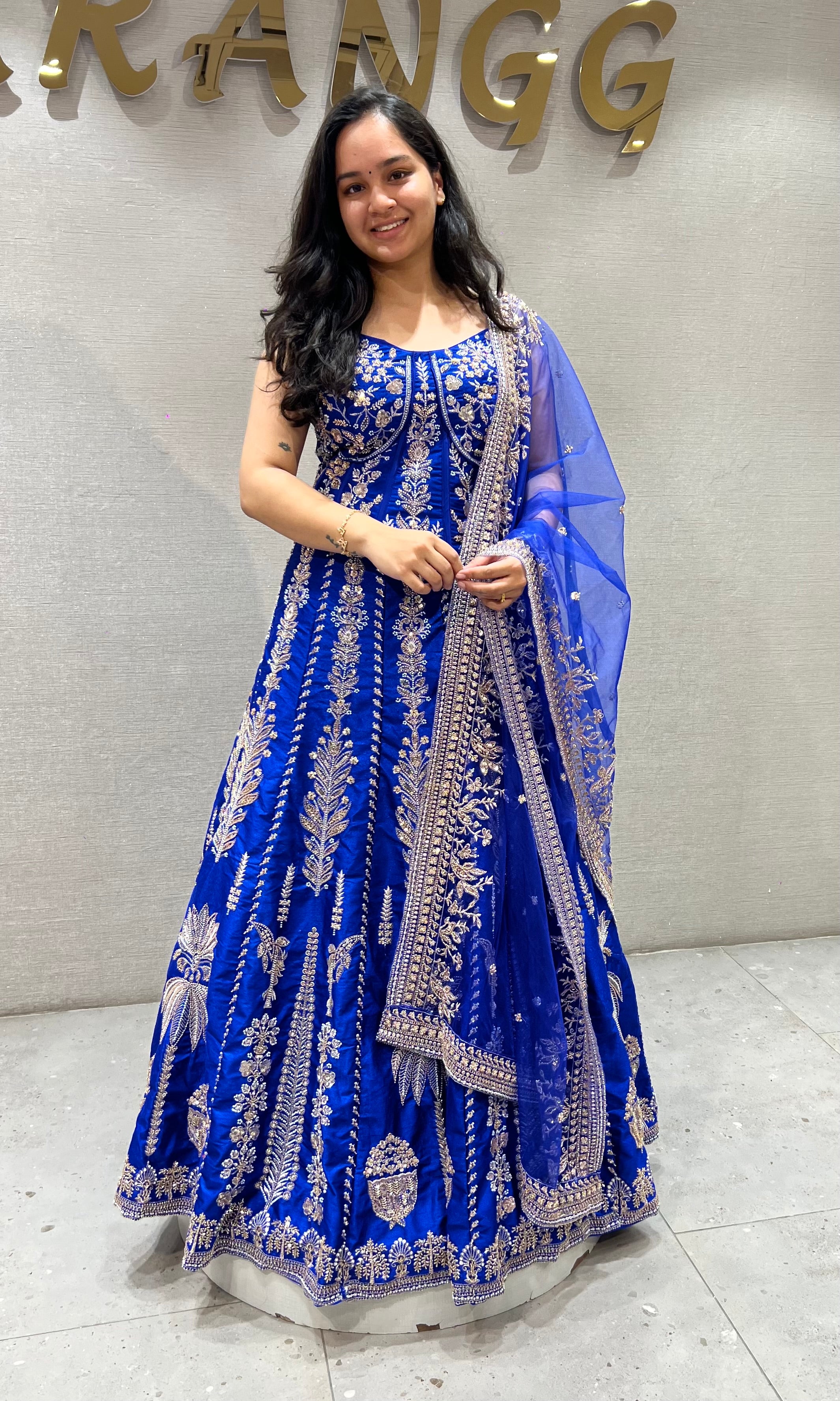 Royal blue embroidered peplum crop top lehenga set