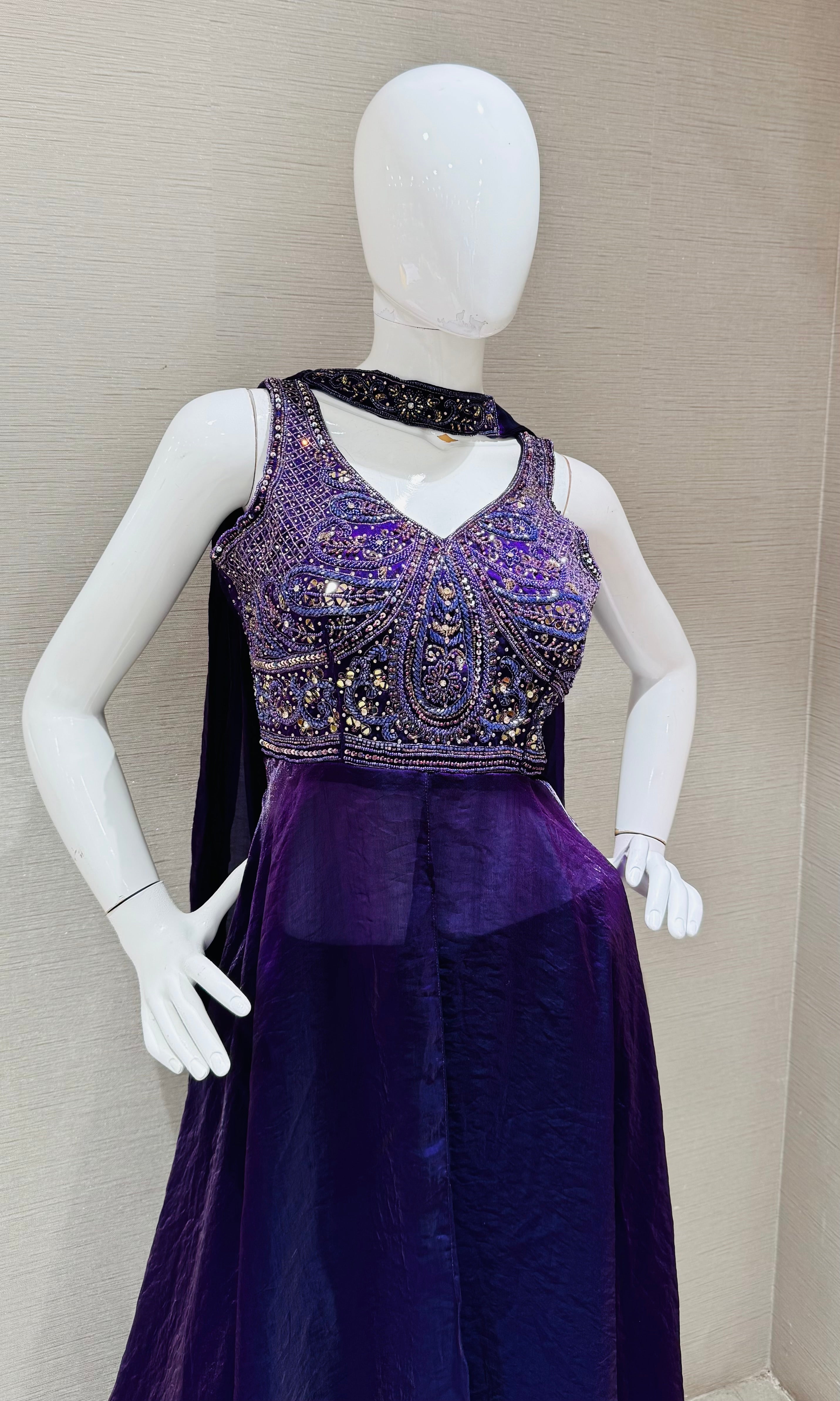 Purple embroidered front slit anarkali with palazzo Pants
