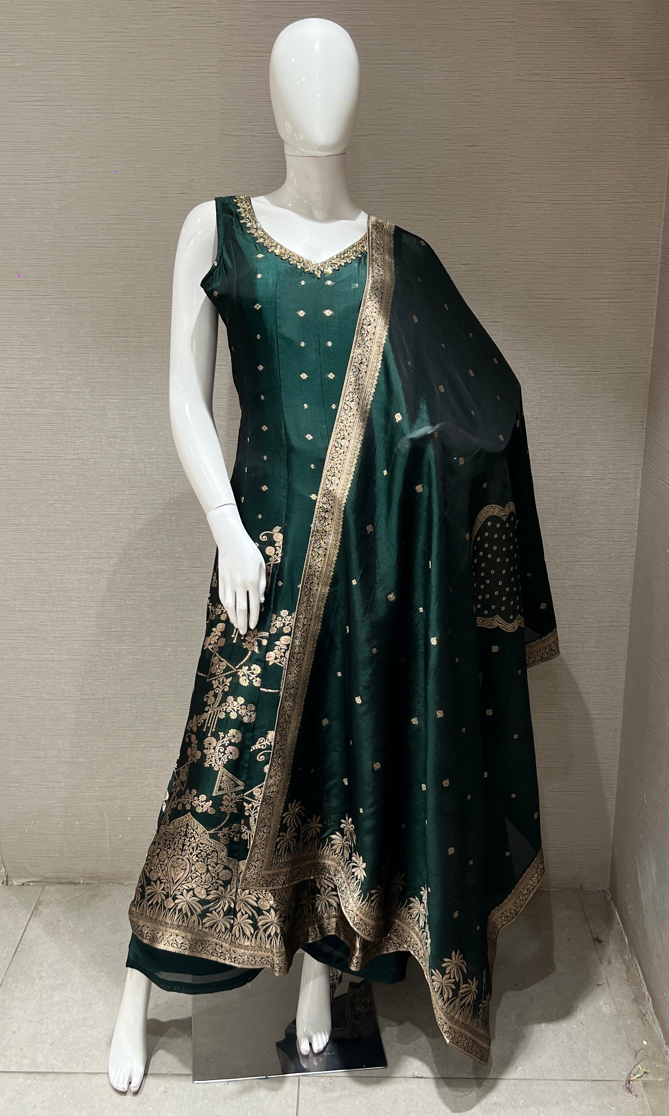 Bottle Green Anarkali with Gold Print embroidery