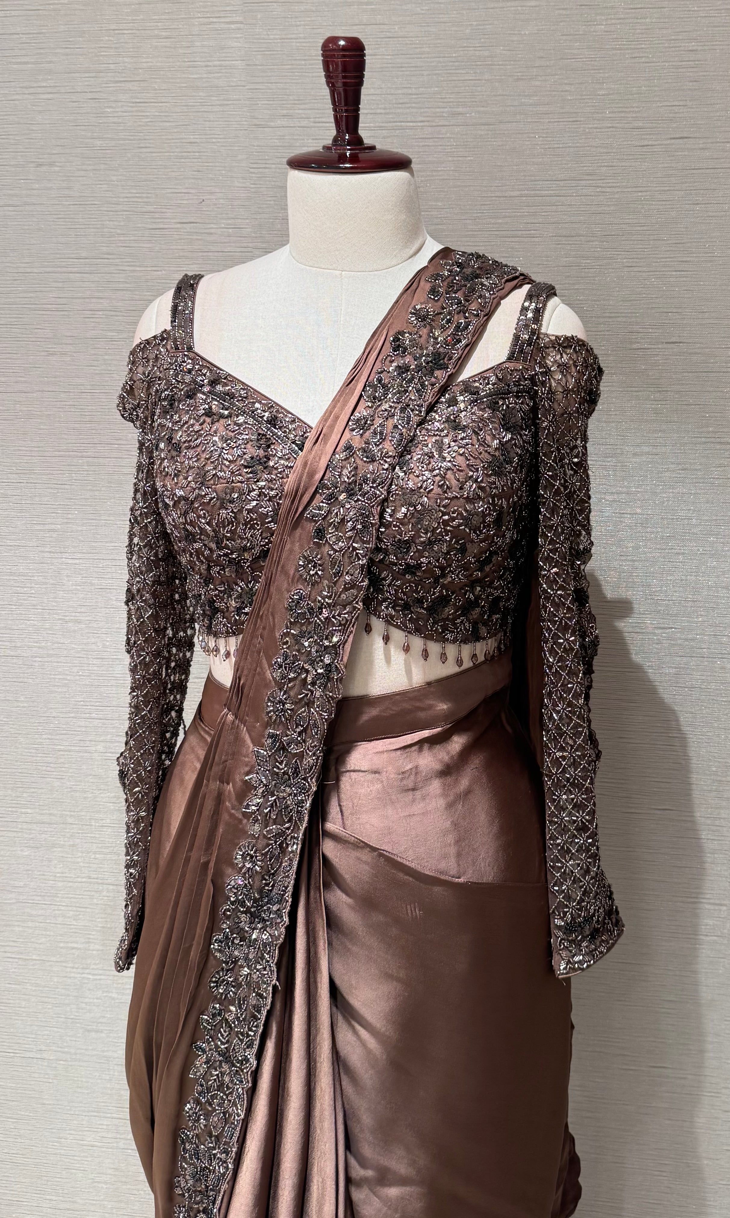 Chocolate Brown Draped Satin Saree Set