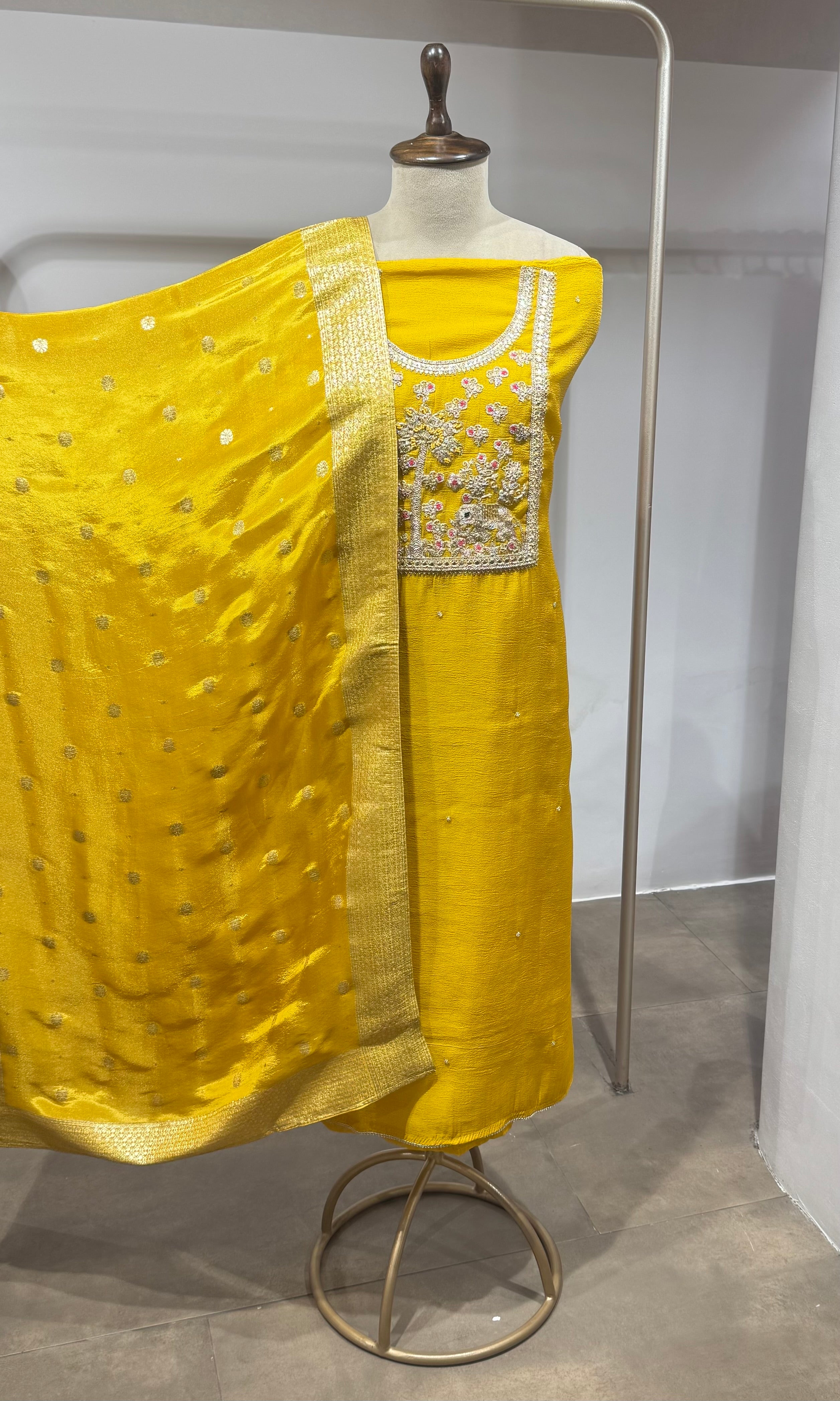 Yellow Floral Tissue dress material