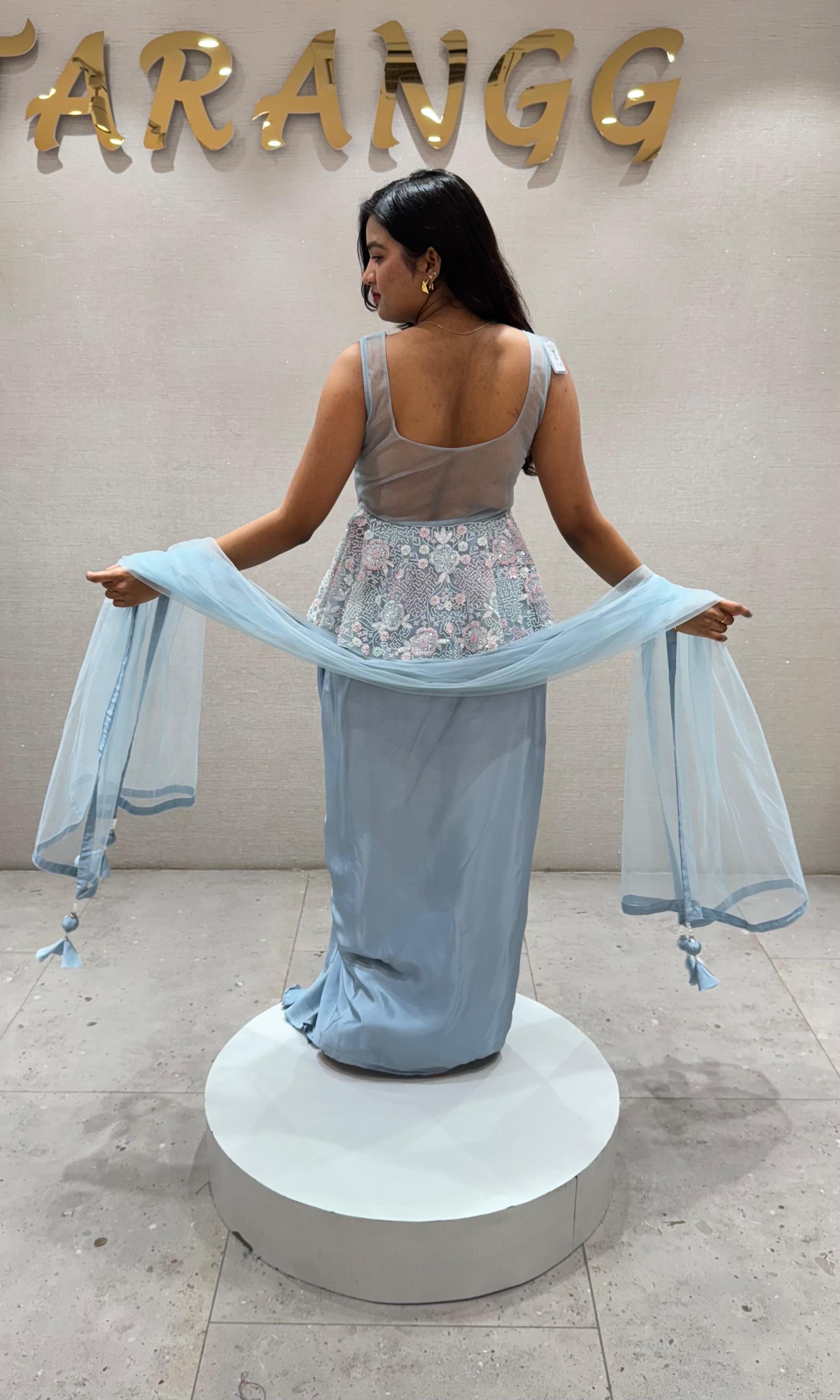 Sea blue EMBROIDERED PEPLUM BLOUSE WITH SKIRT