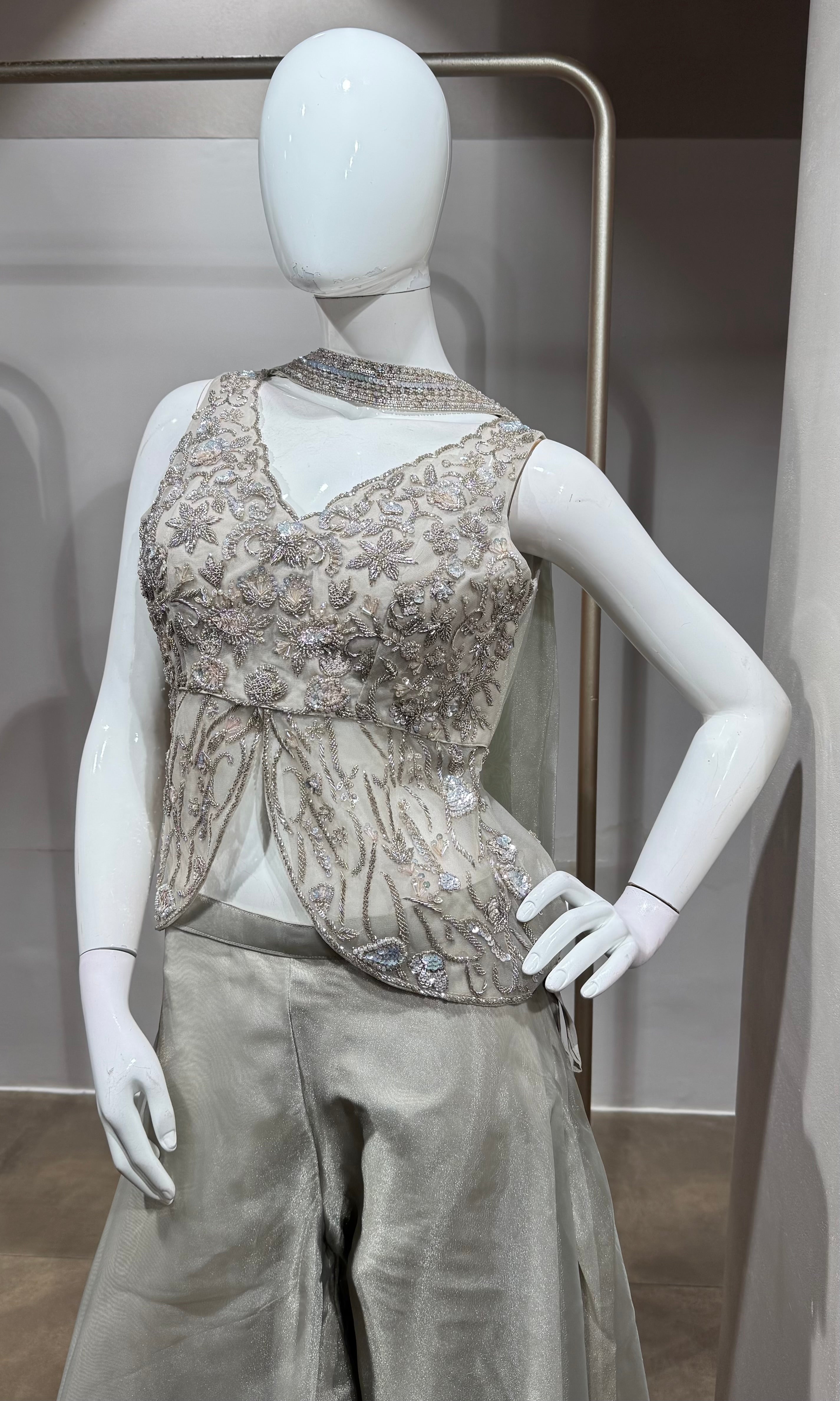 Metallic Grey Embellished Peplum & Flared Palazzo Set