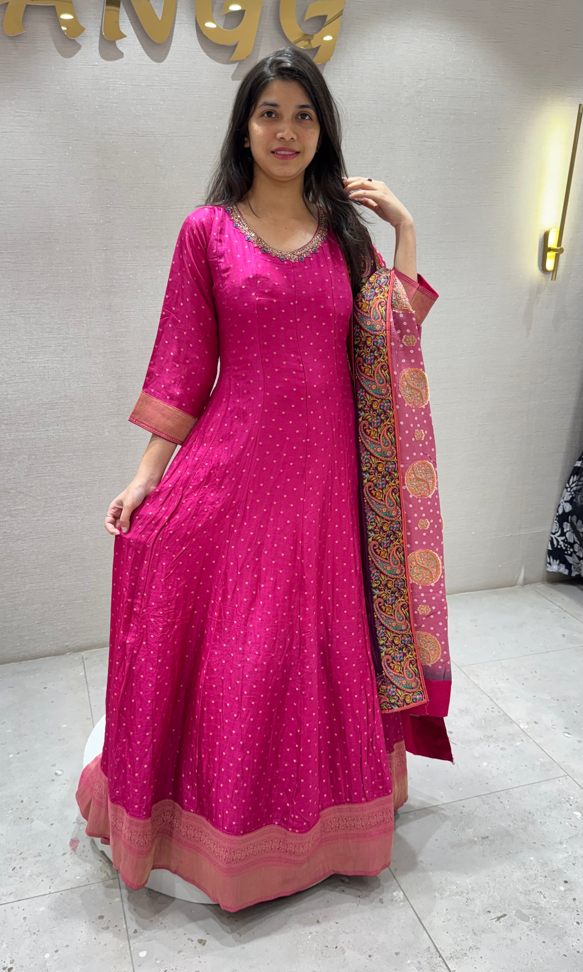 Pink ANARKALI SET WITH PRINTED DUPATTA