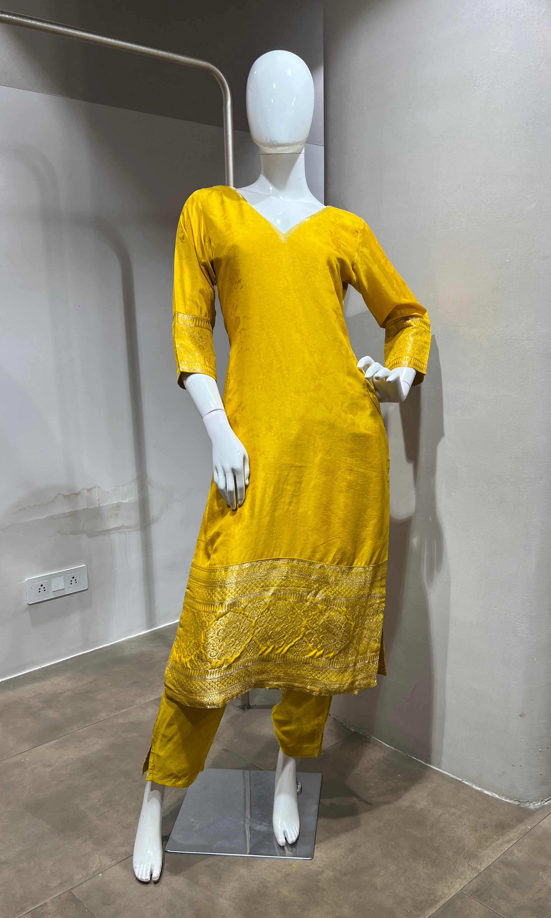 Yellow Silk Straight Kurta Set with Gold Border