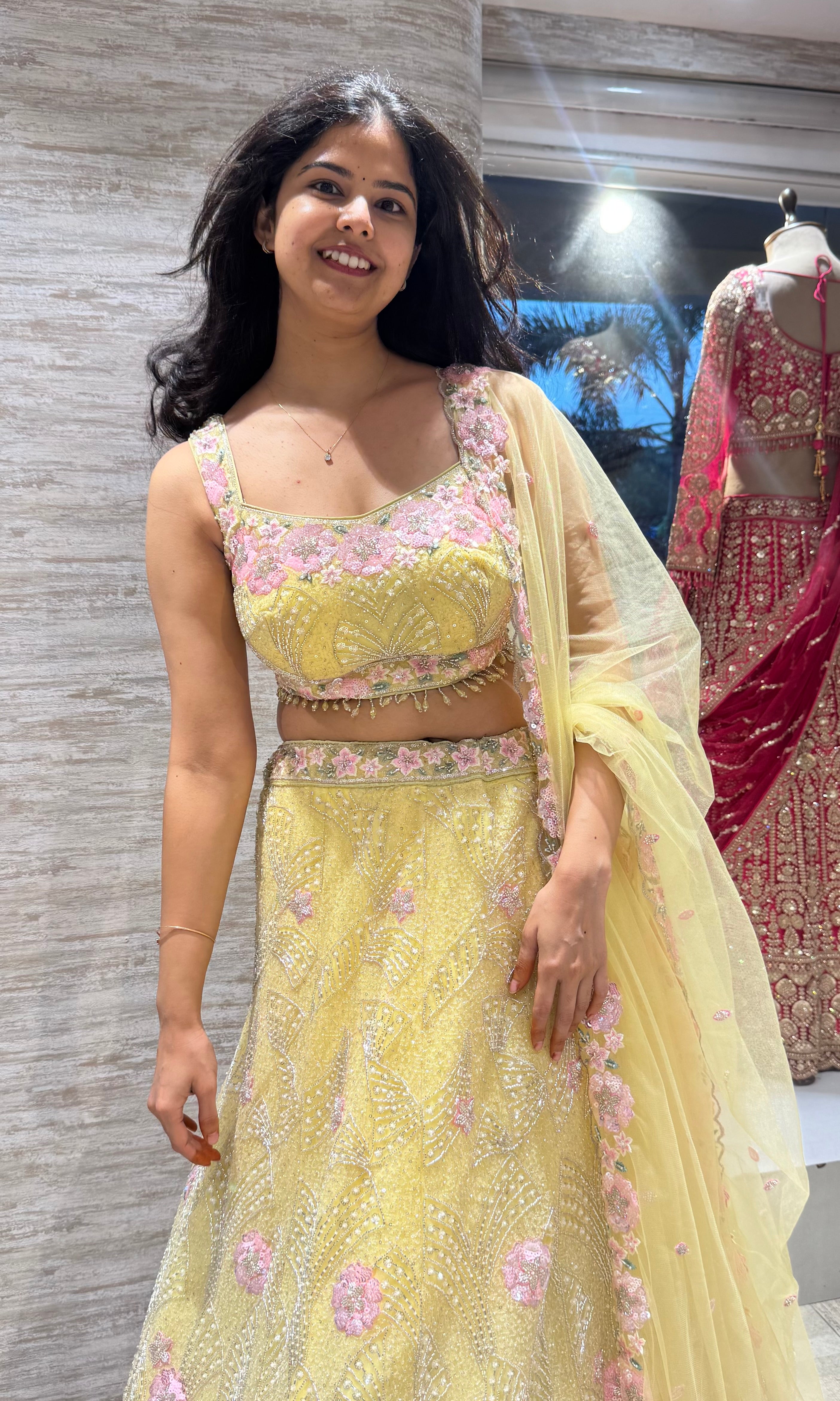 Yellow Embroidered Lehenga Set with Pink Floral