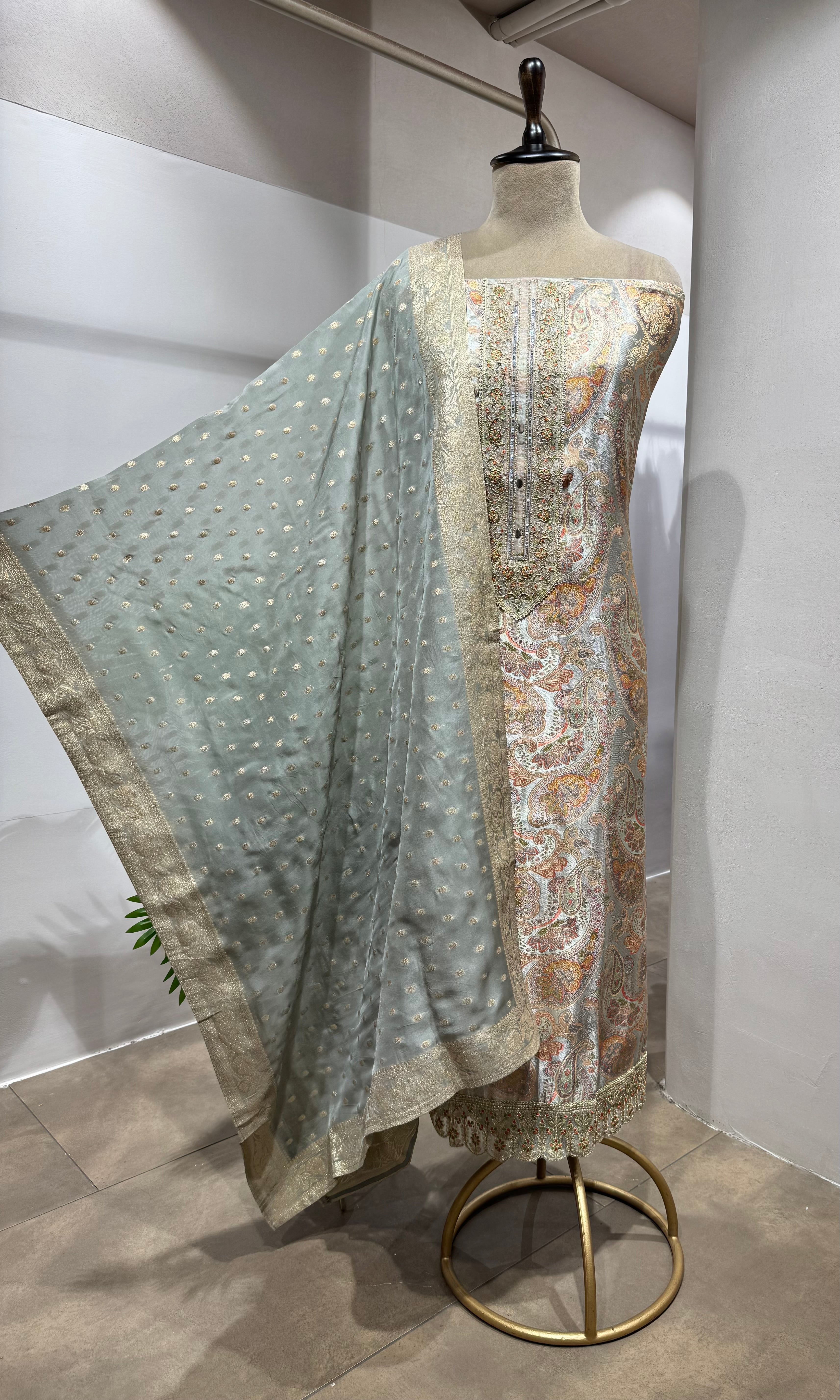 GREY BANARASI SILK DRESS MATERIAL