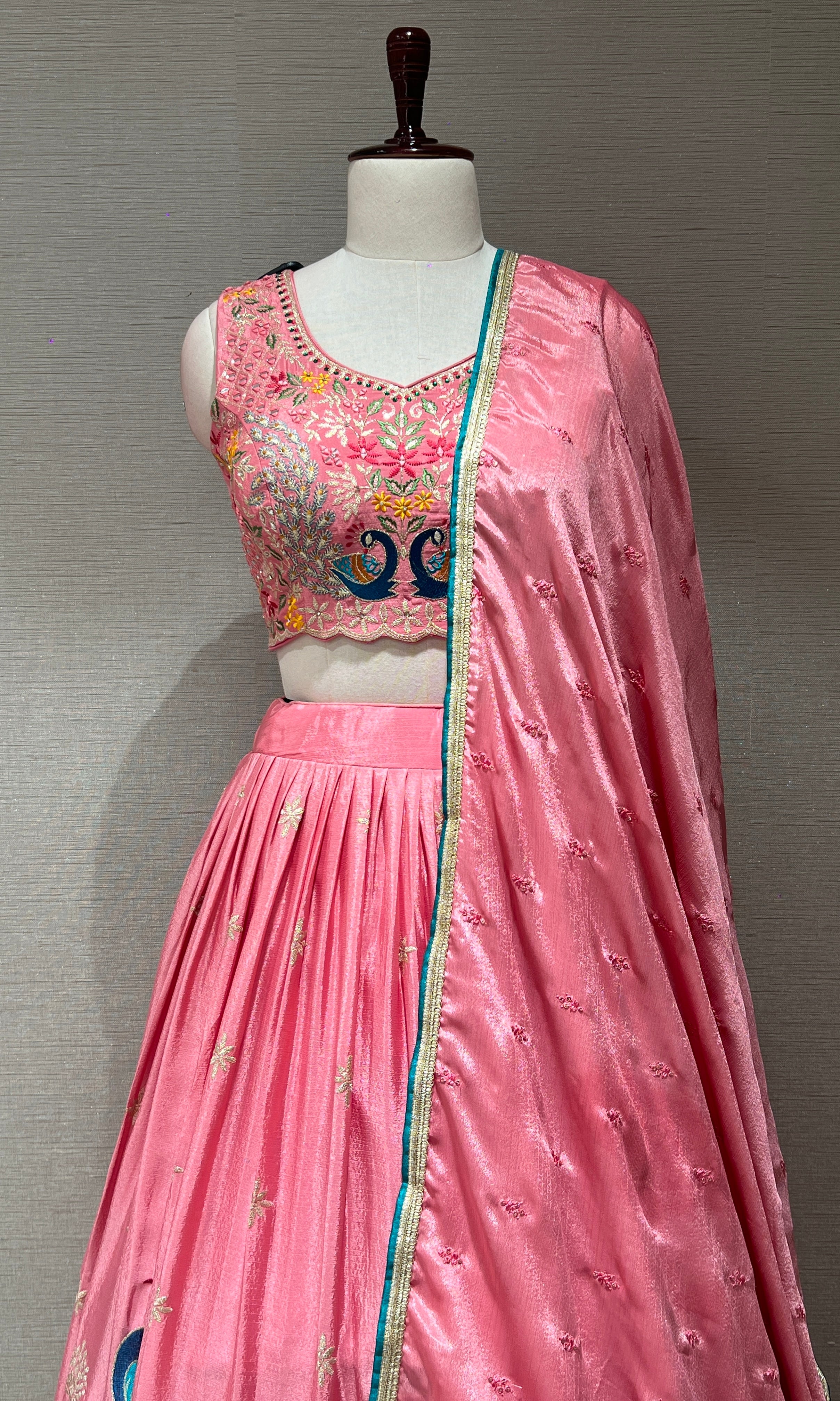 rose pink lehenga with peacock design