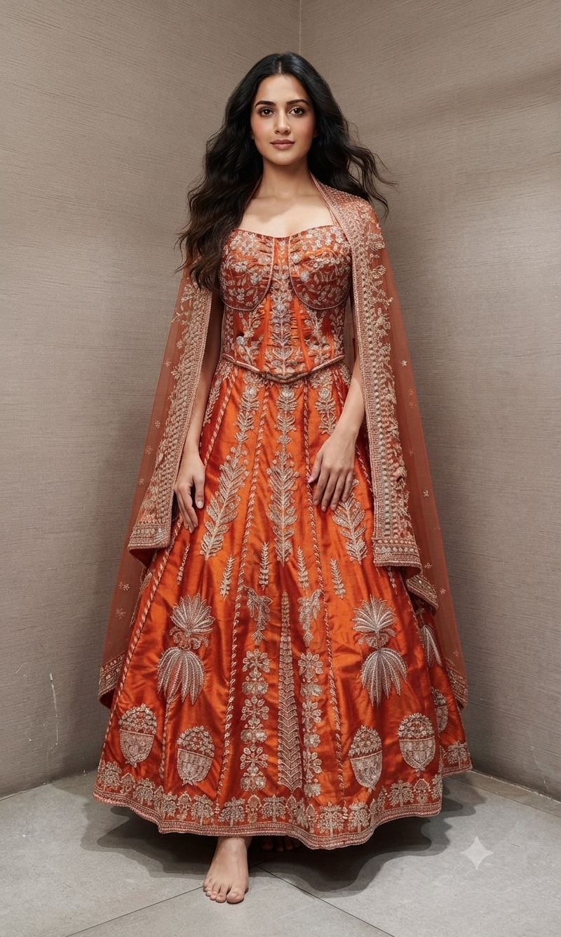 Orange Embroidered Peplum crop top Lehenga Set