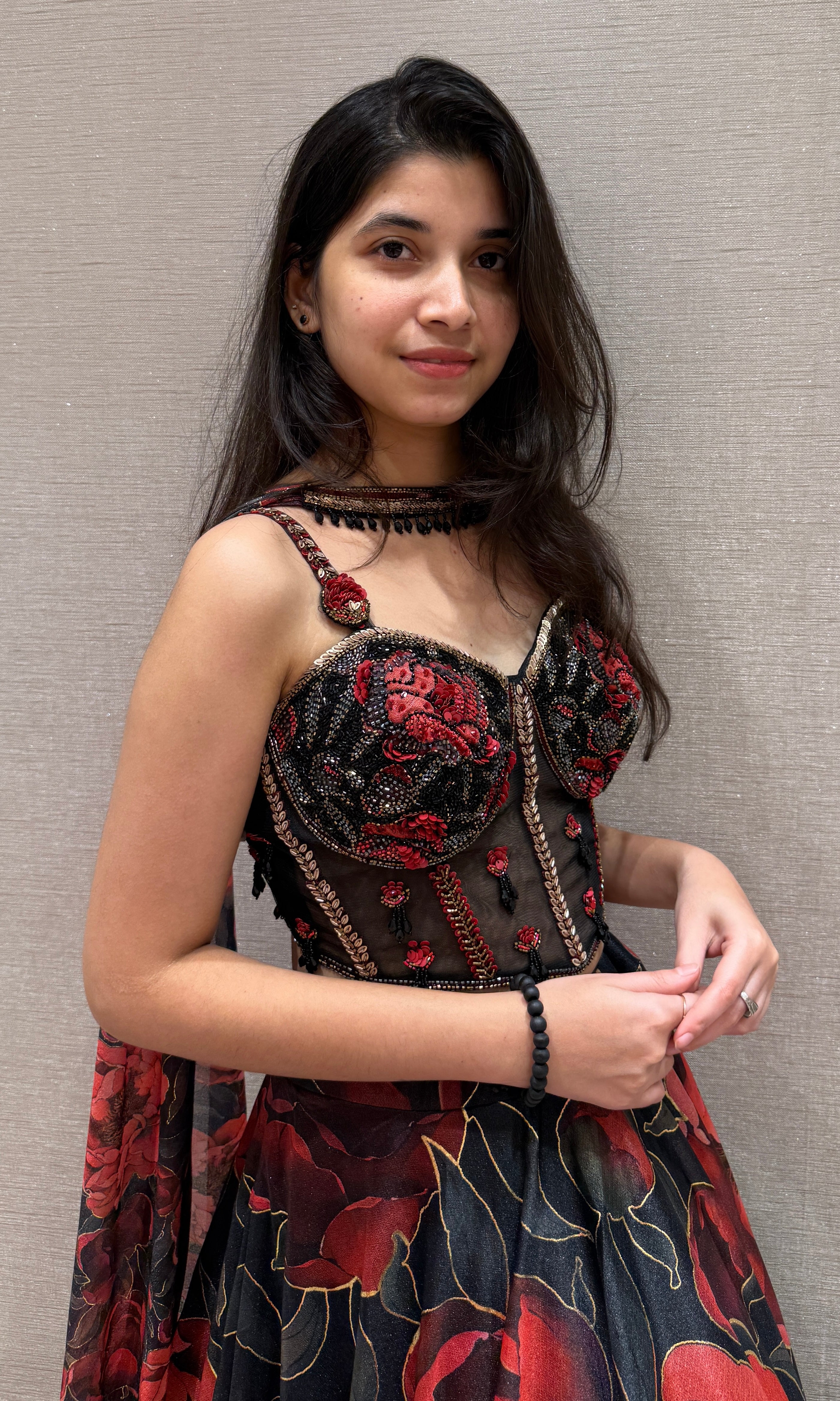 Black Red Floral Printed Lehenga Set