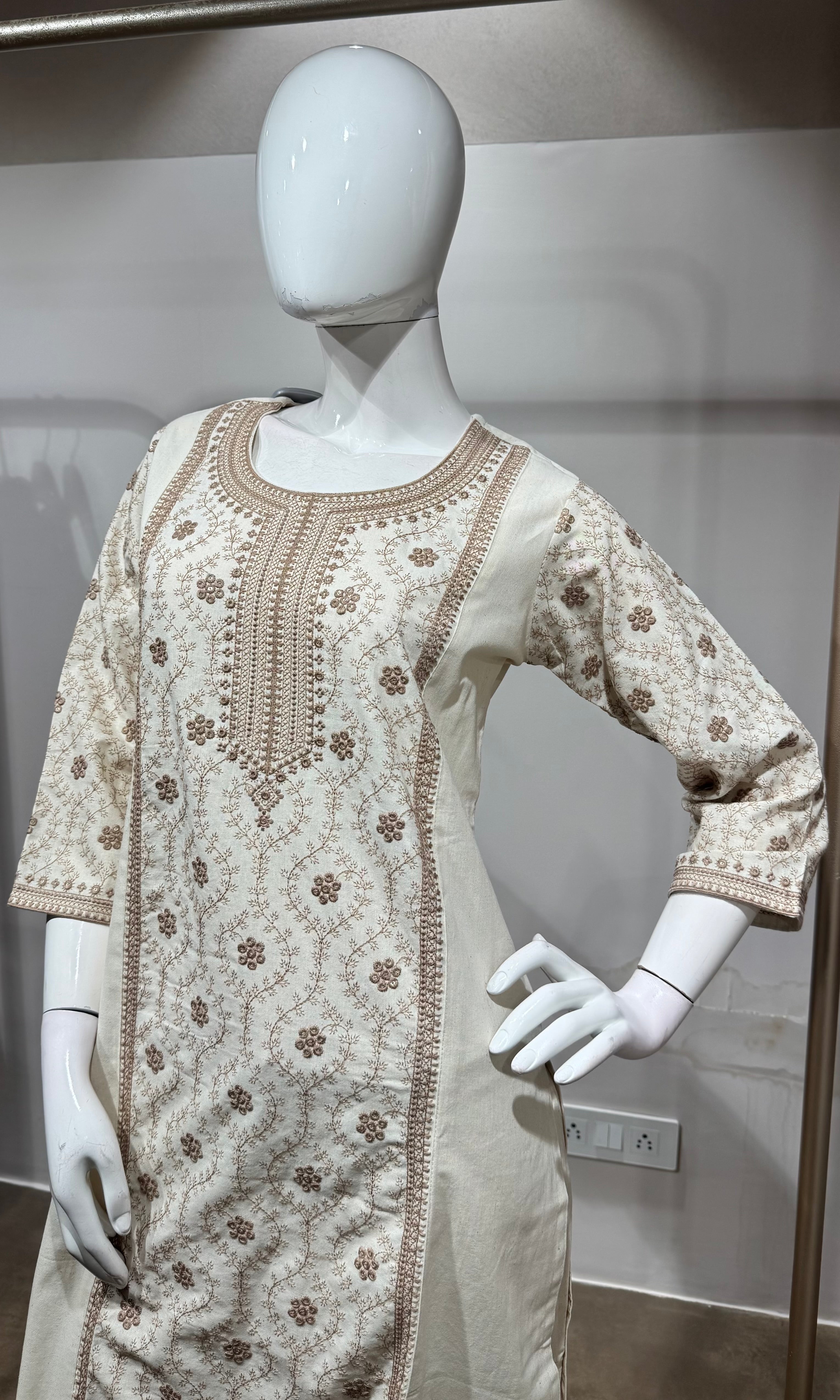 CREAM Cotton Kurta Set with Dupatta