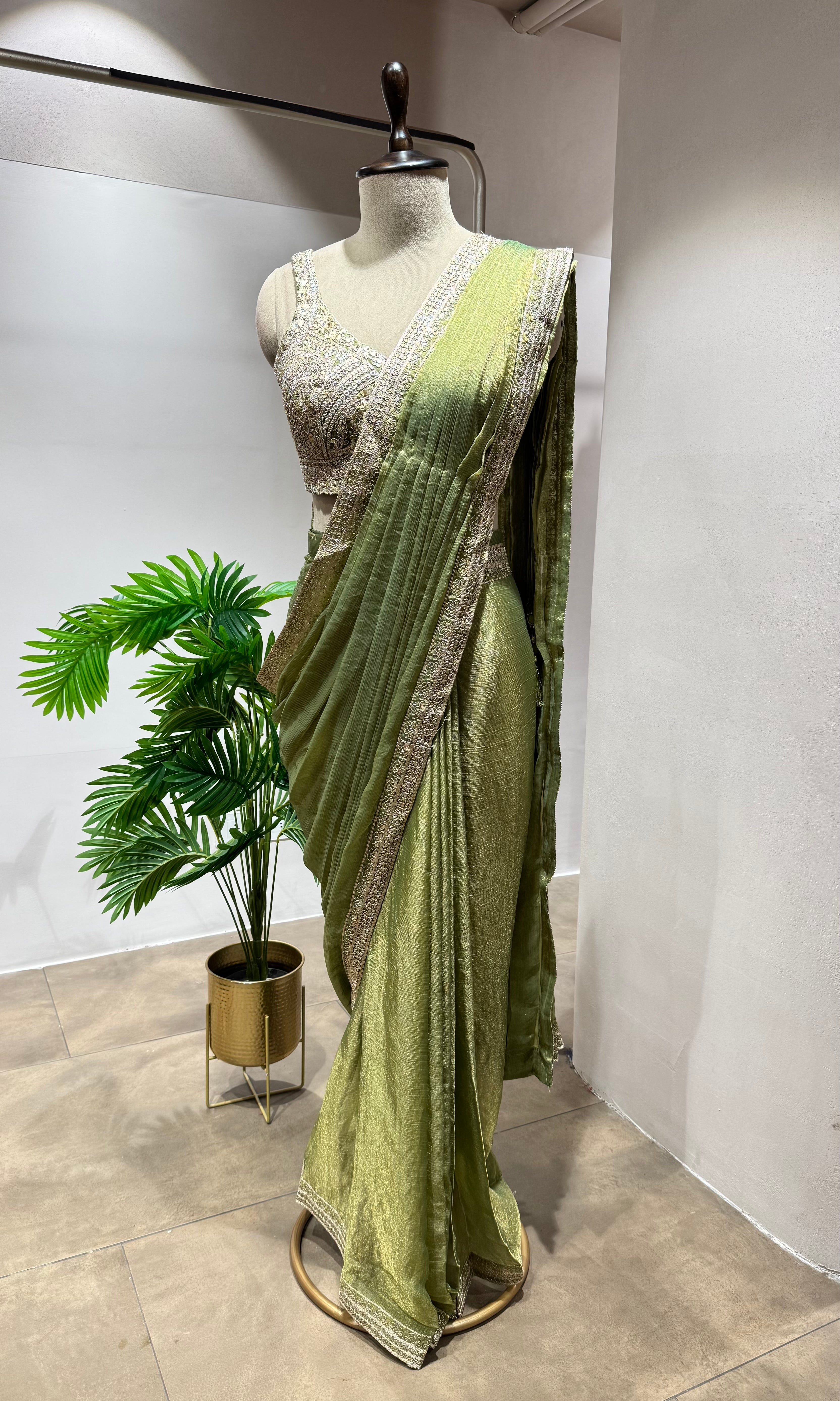 GREEN PLEATED DRAPE Saree with EMBELLISHED Blouse