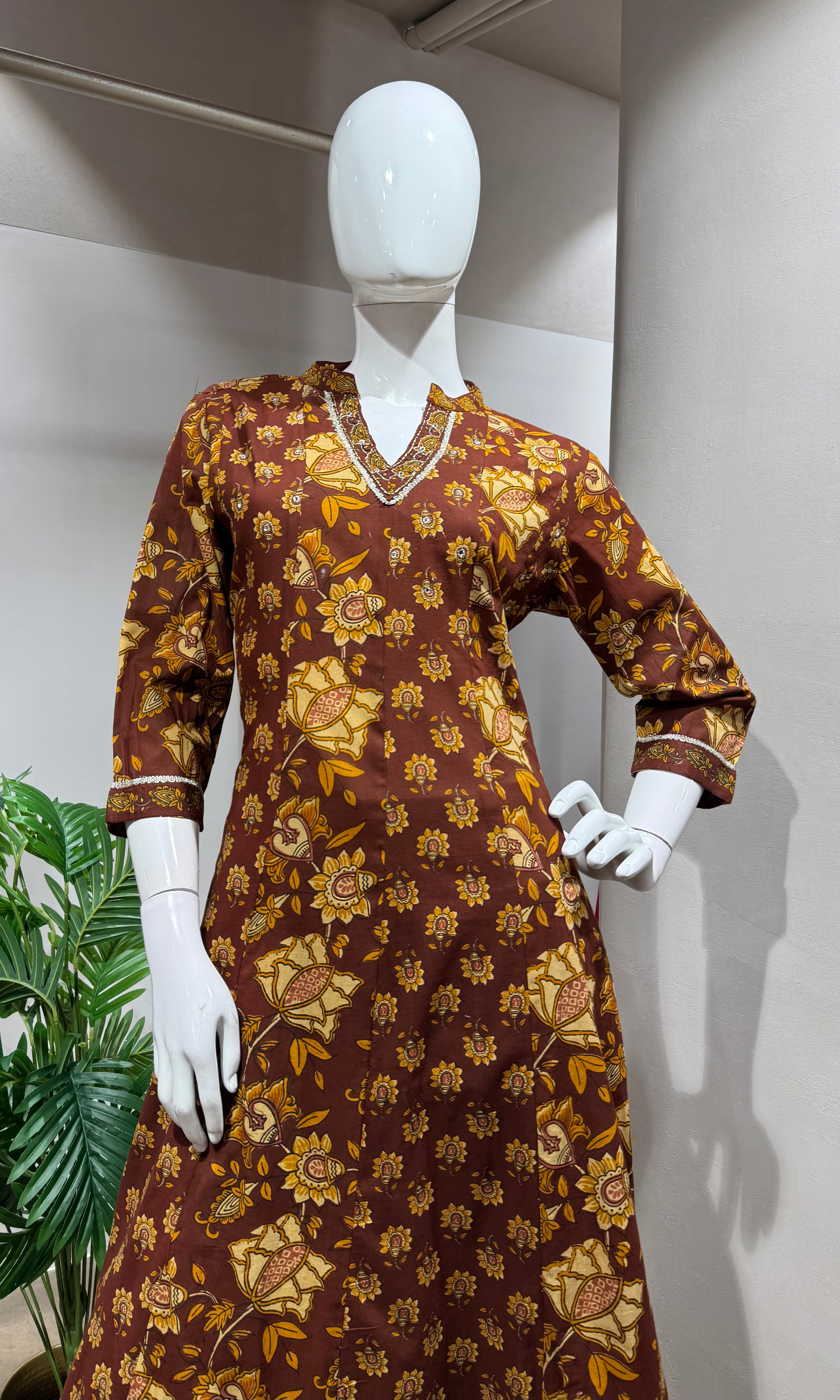 BROWN Floral Printed Ethnic Anarkali Set