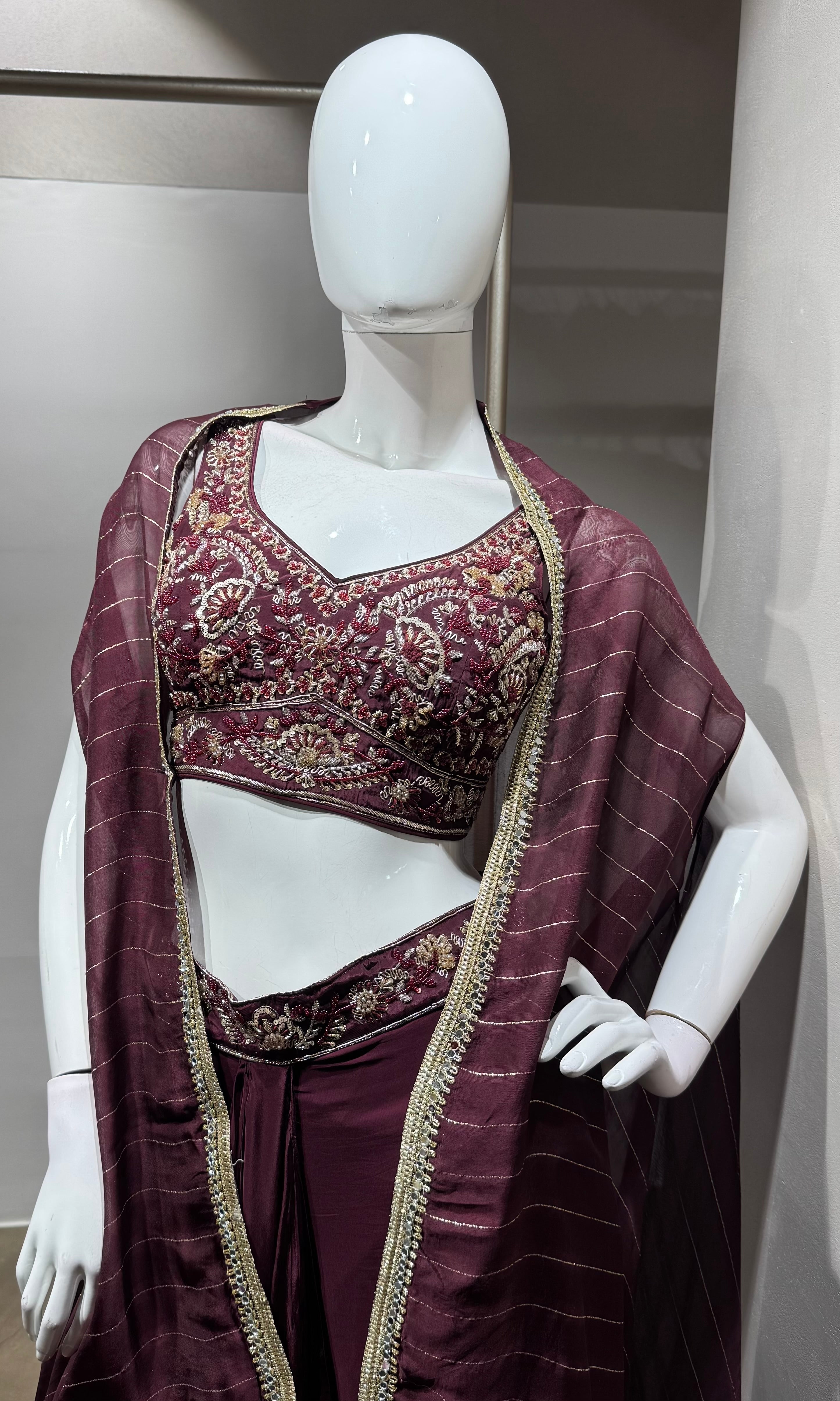WINE SILK DRAPE SKIRT WITH CAPE AND CROP TOP
