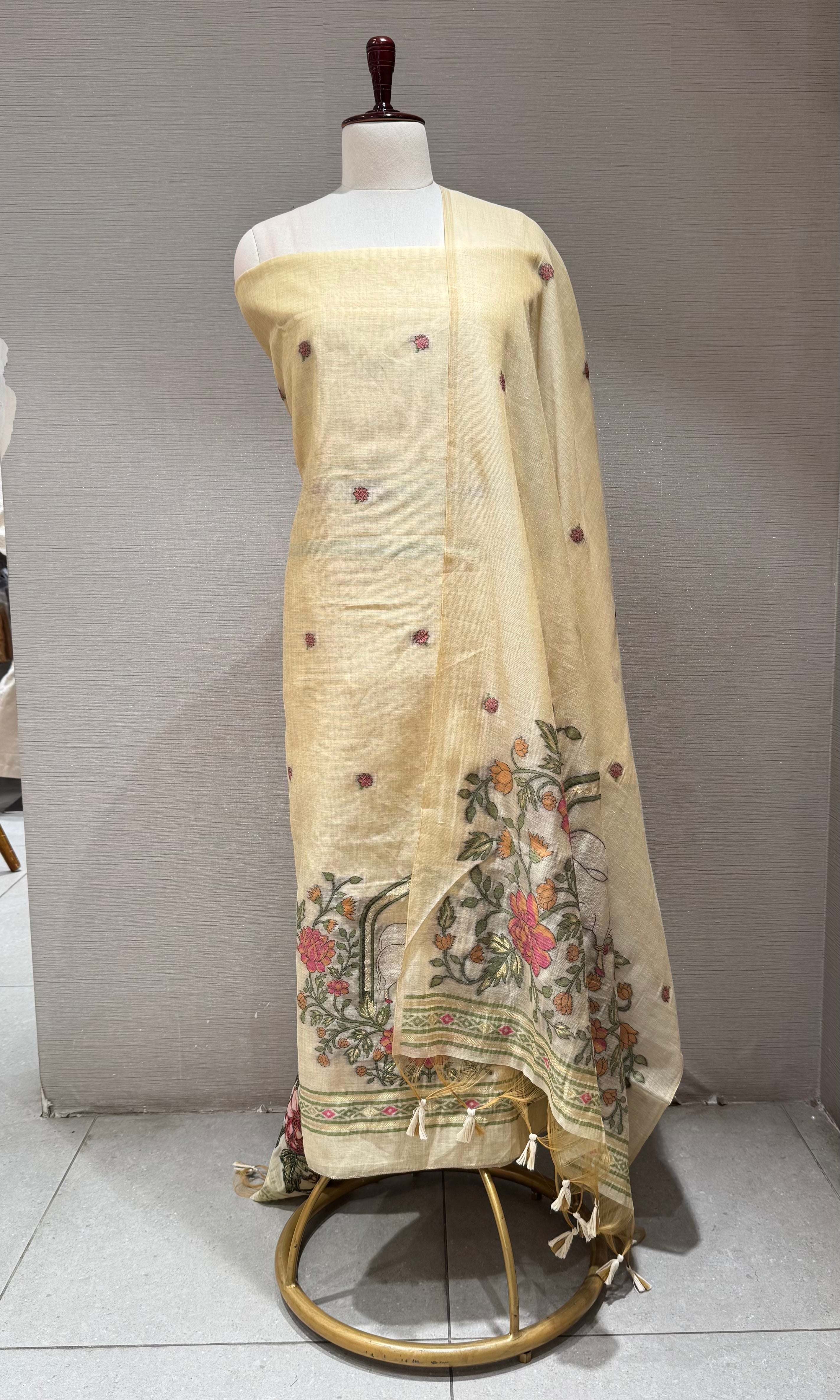 Cream floral embroidery dress material