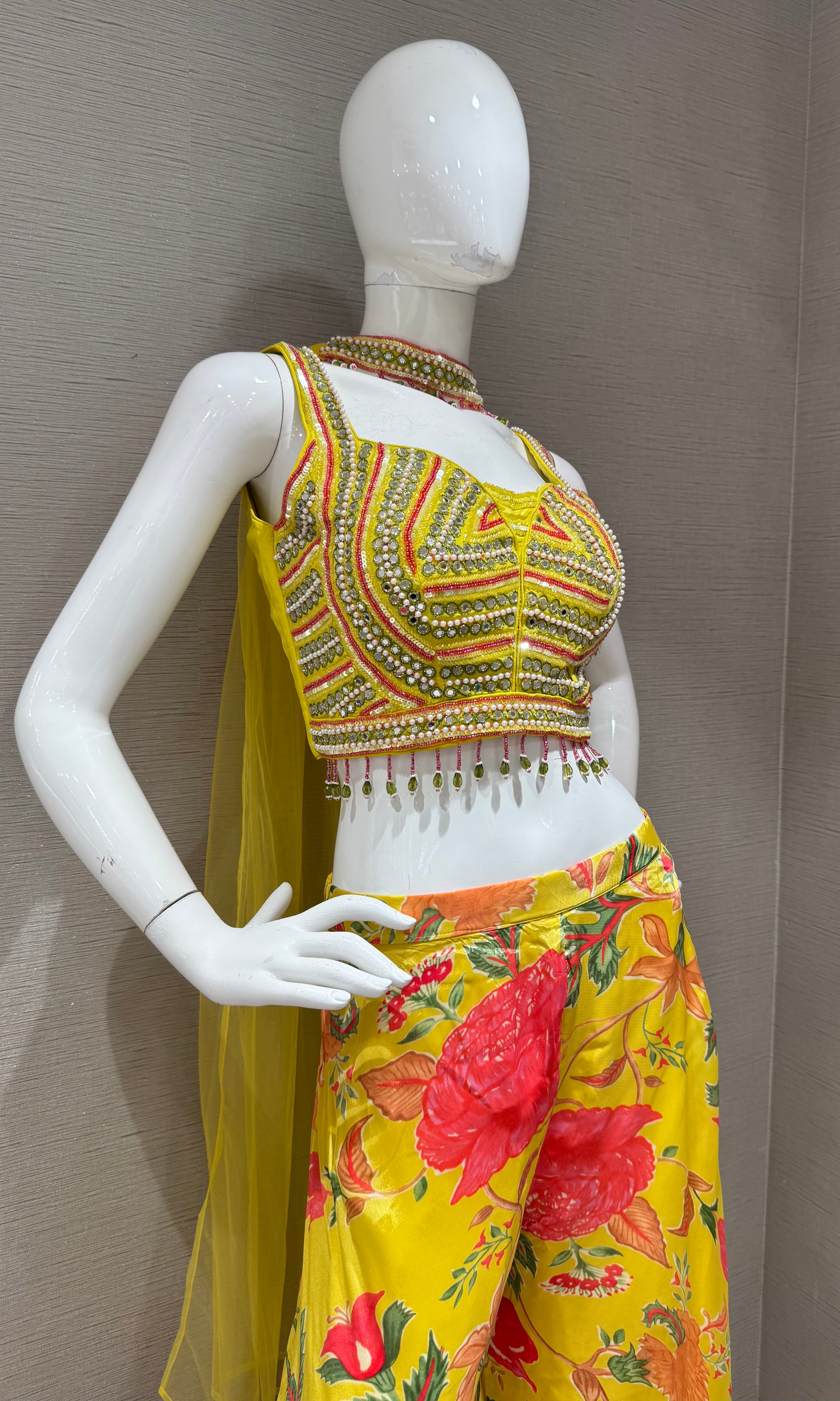 Yellow Embroidered crop top palazzo set