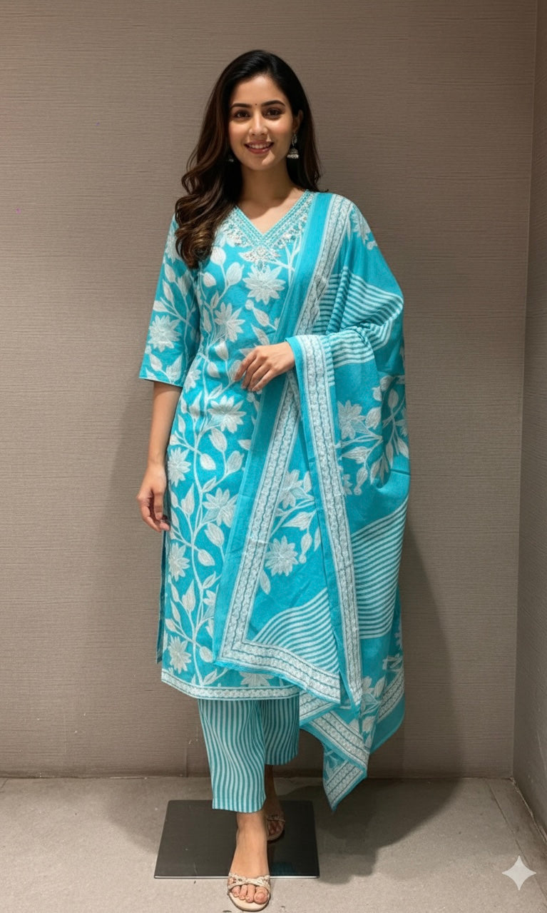 Light blue FLORAL PRINT kurta set