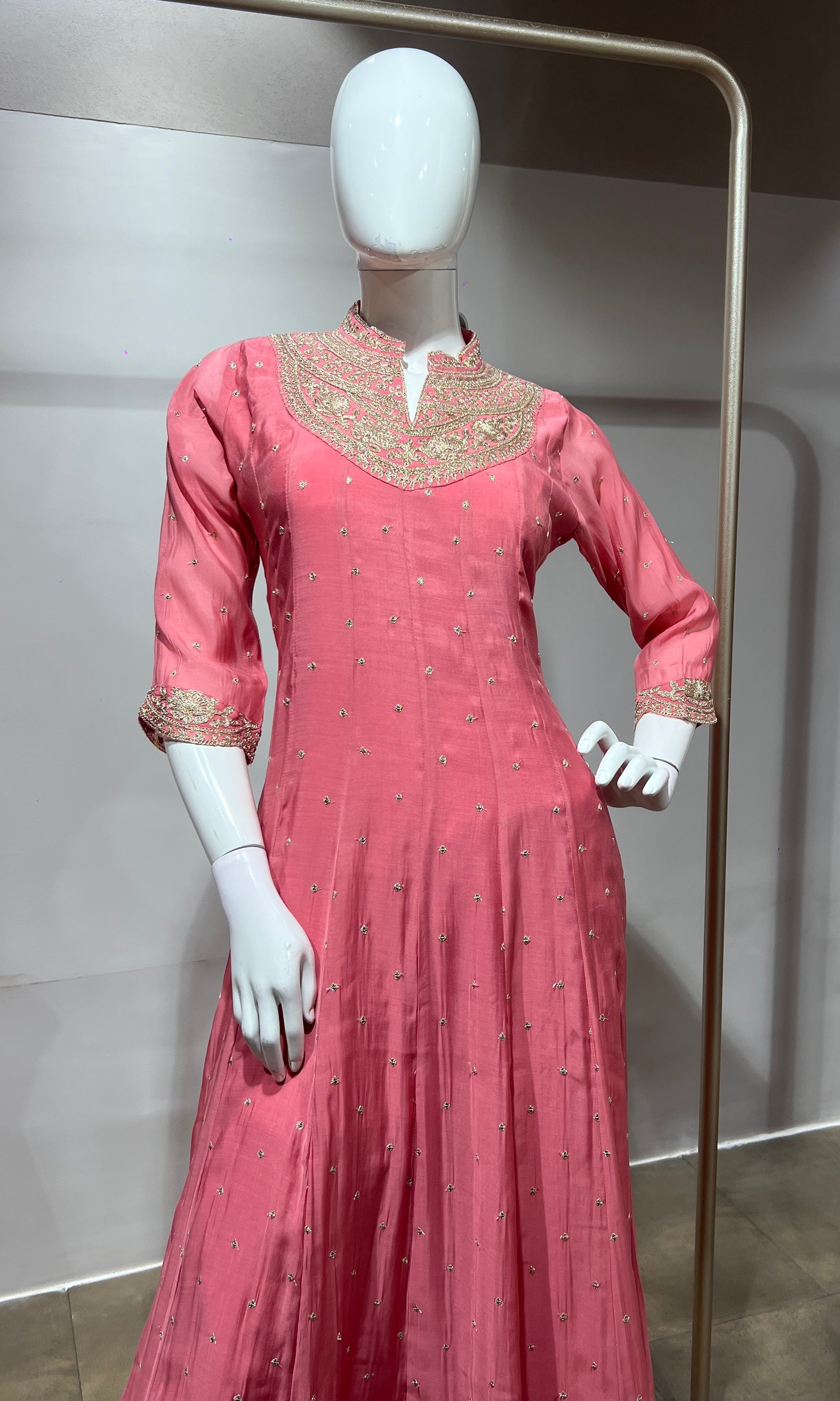 blush pink Silk Anarkali Suit Set with Scallop Dupatta