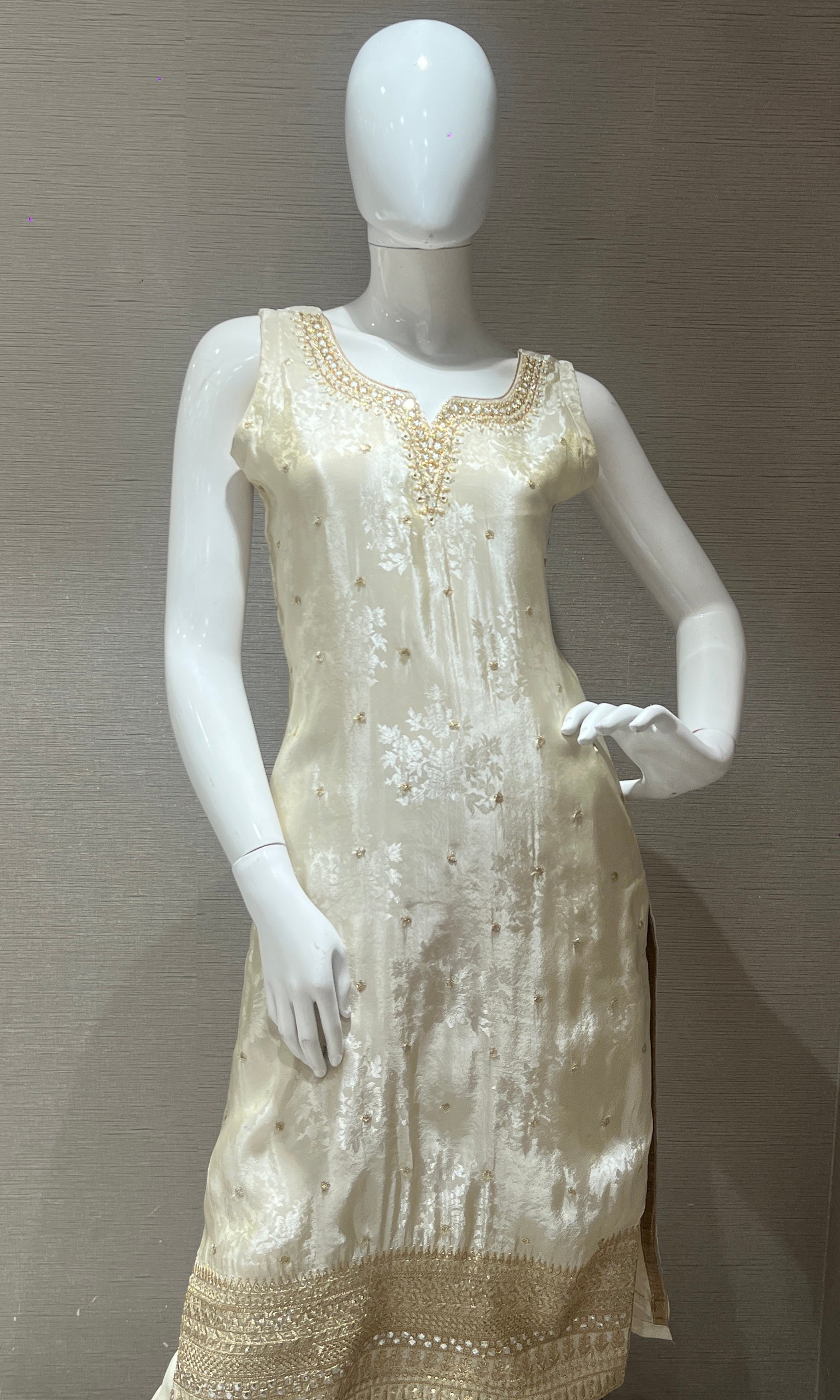 Cream and Gold Embroidered Kurta Set