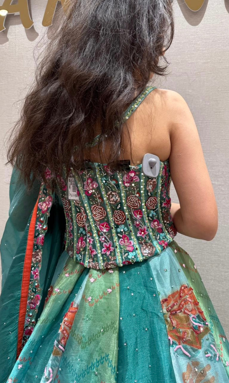 Teal BLUE Bloom Organza Lehenga