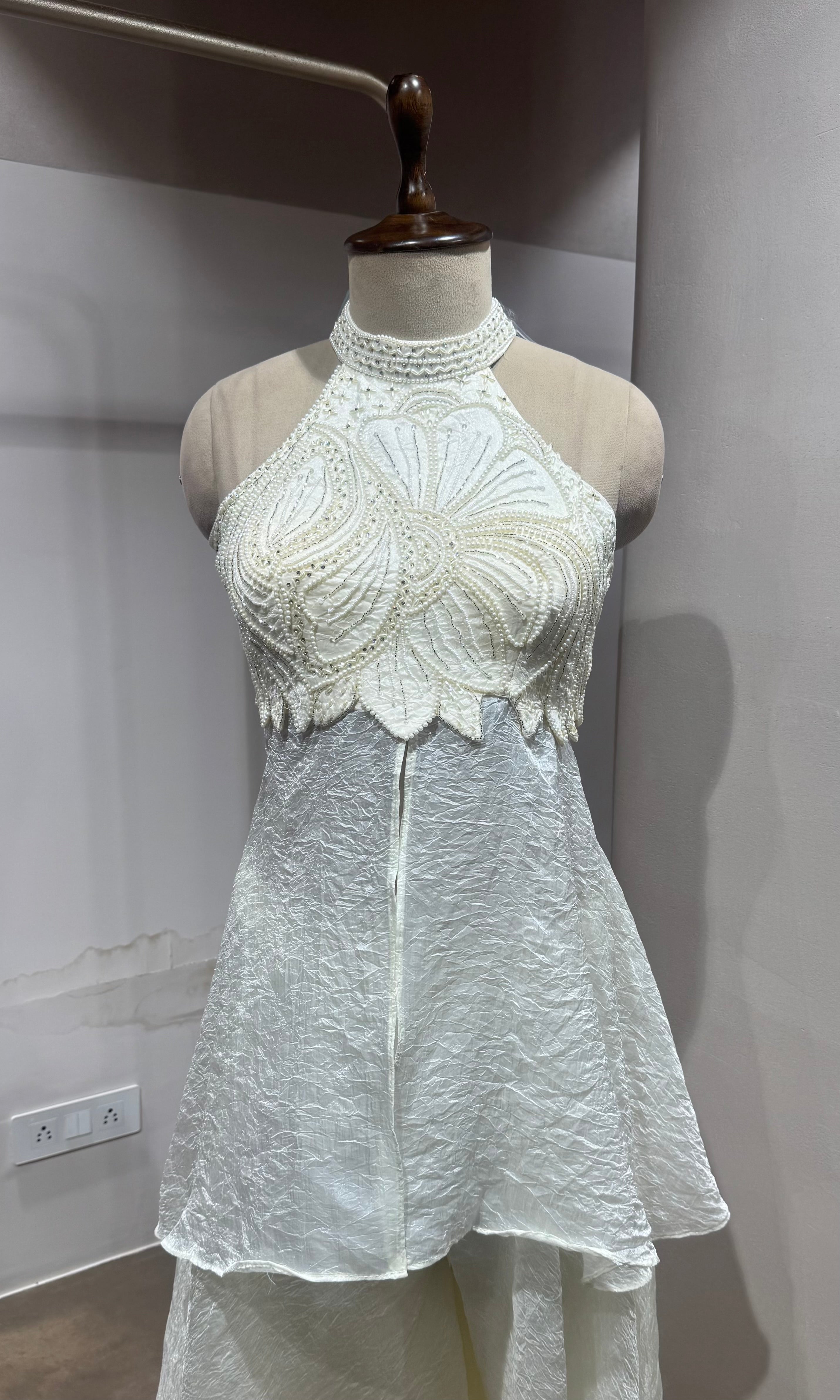 White Halter neck Embroidered peplum palazzo set