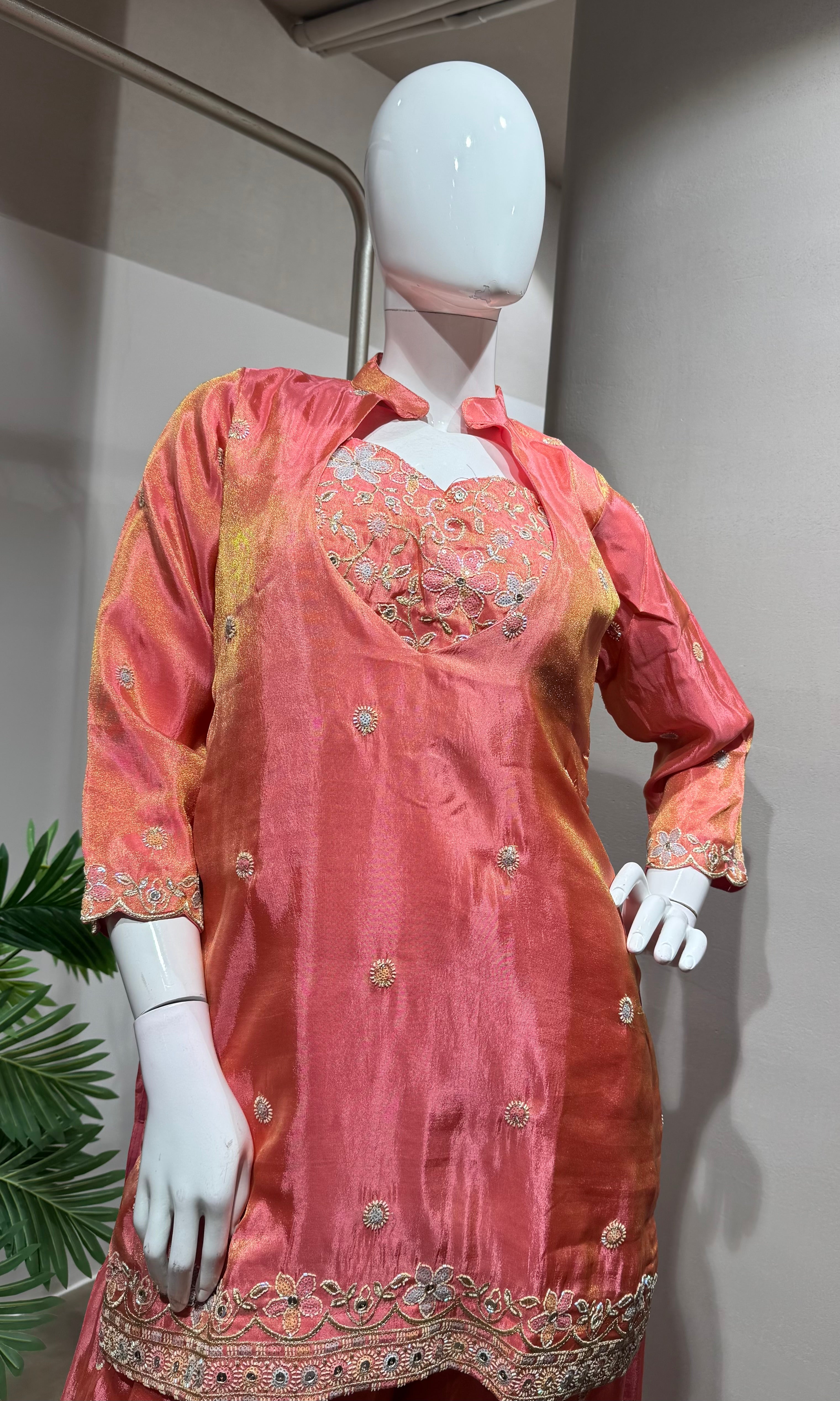 PINK Embroidered Coral PALAZZO Suit