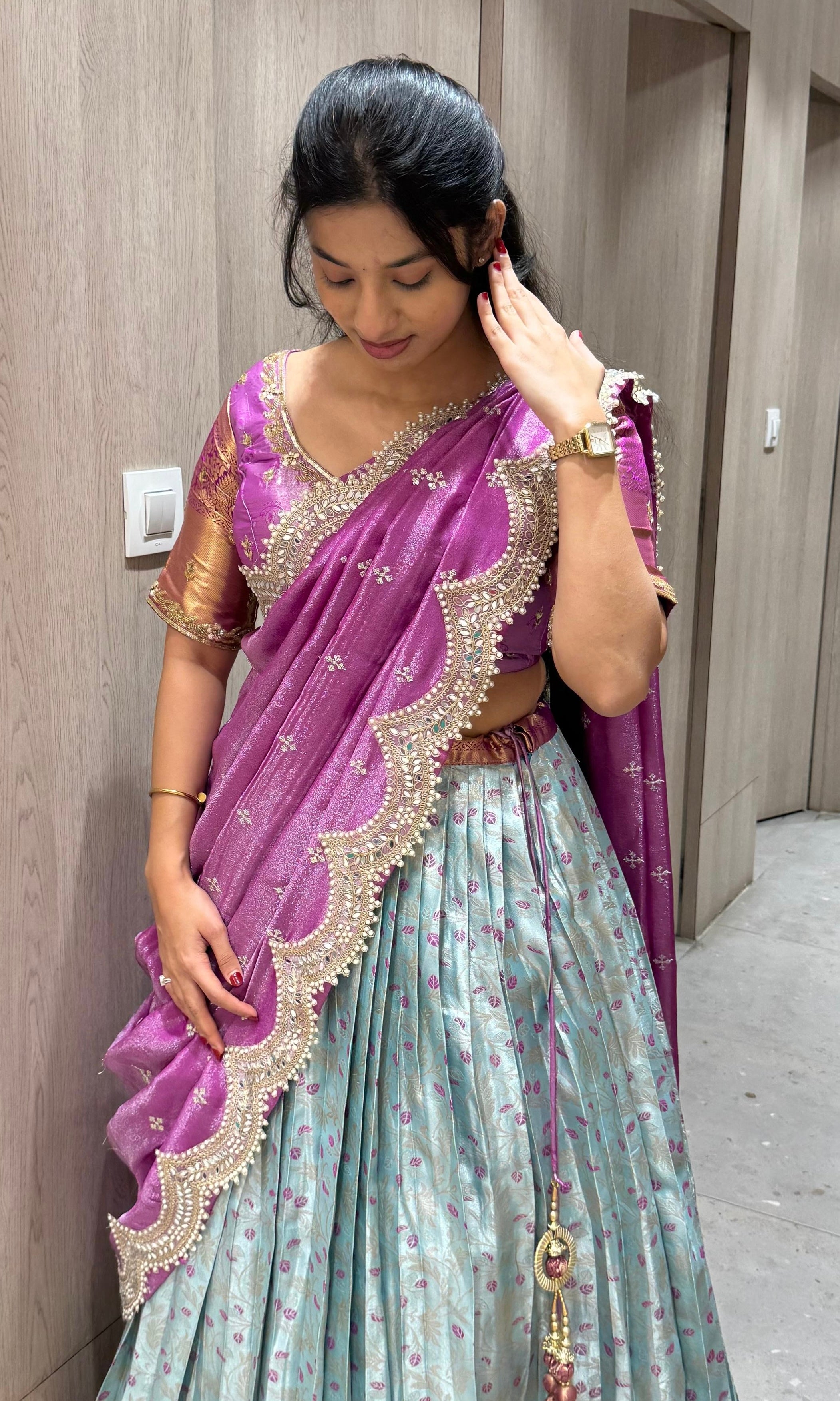 Ice blue And purple pink pattu half saree