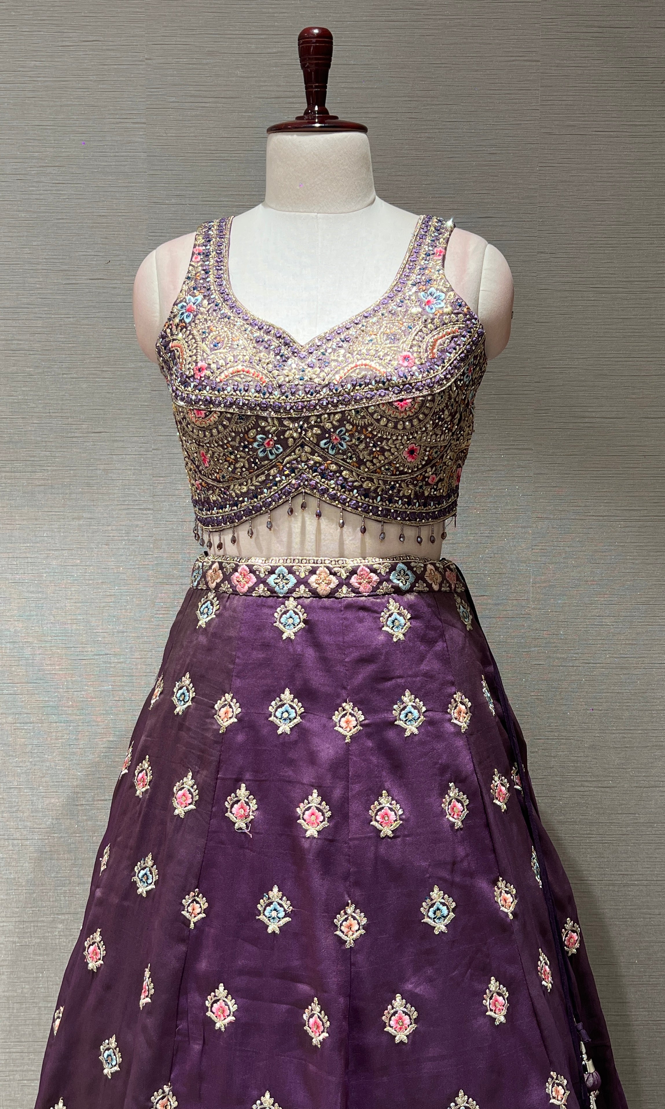 Lilac multicolour intricate embroidered Lehenga