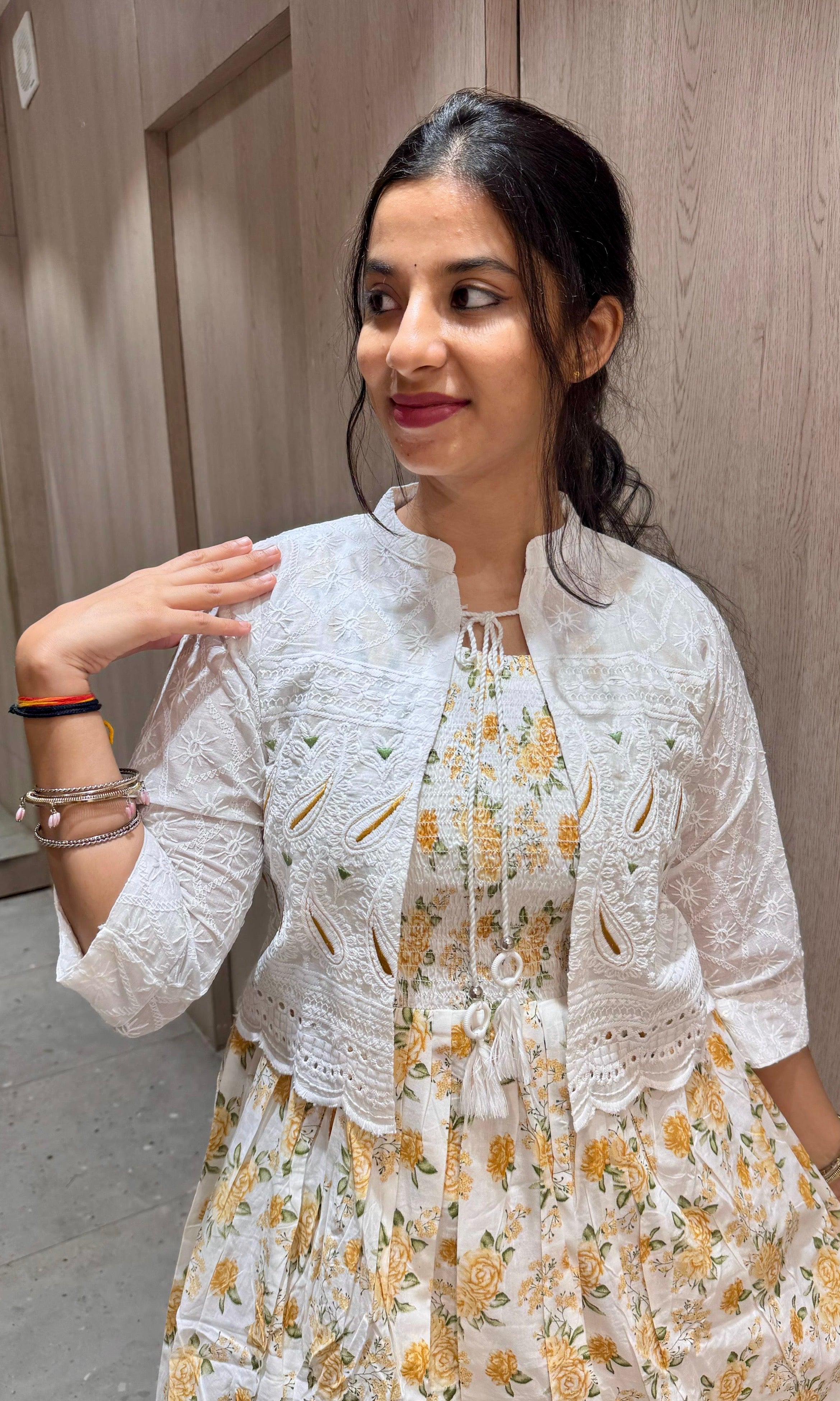 White floral short frock with jacket (k222)