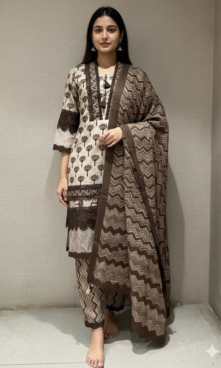 Grey FLORAL KURTA SET WITH ZIG ZAG PRINT DUPATTA