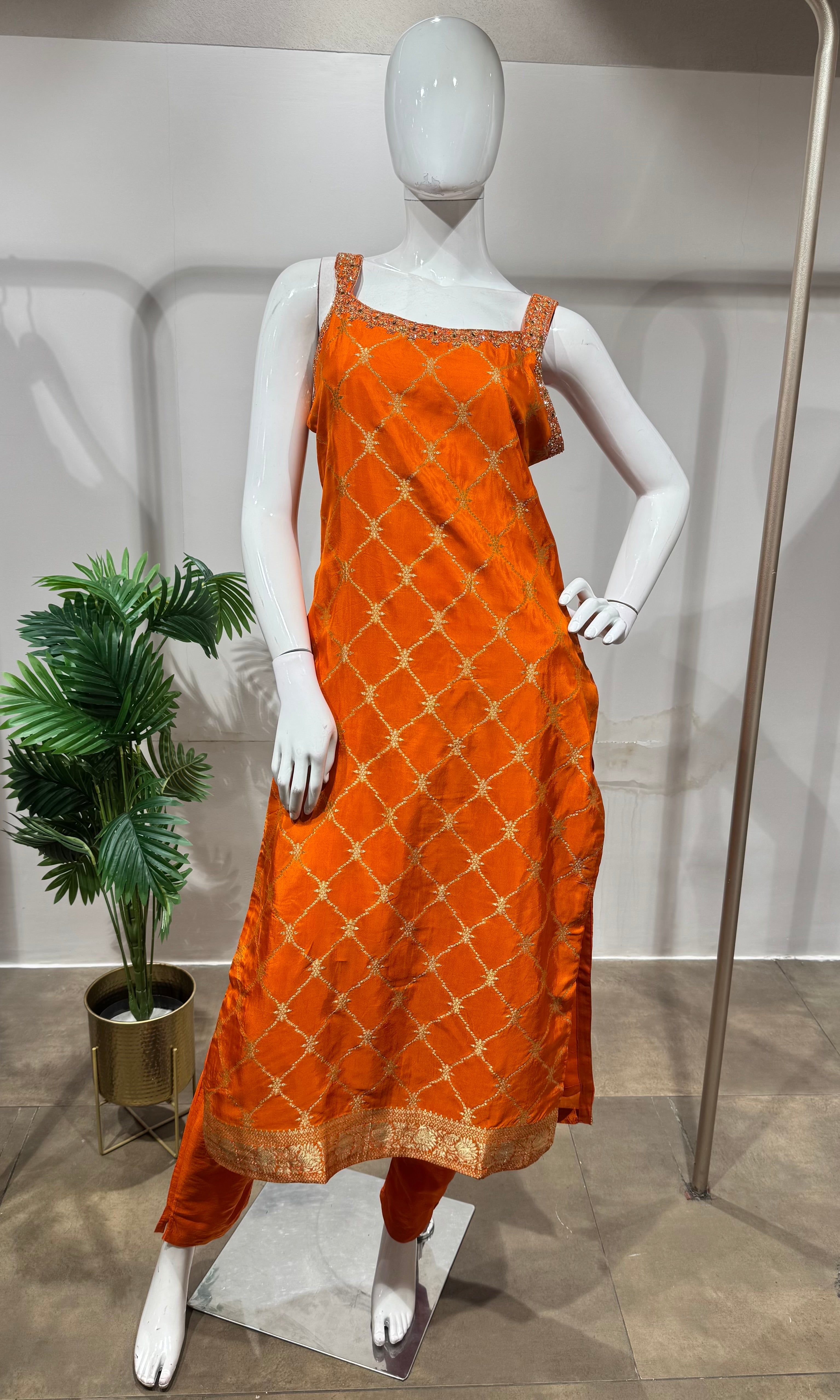 Orange silk straight kurta set