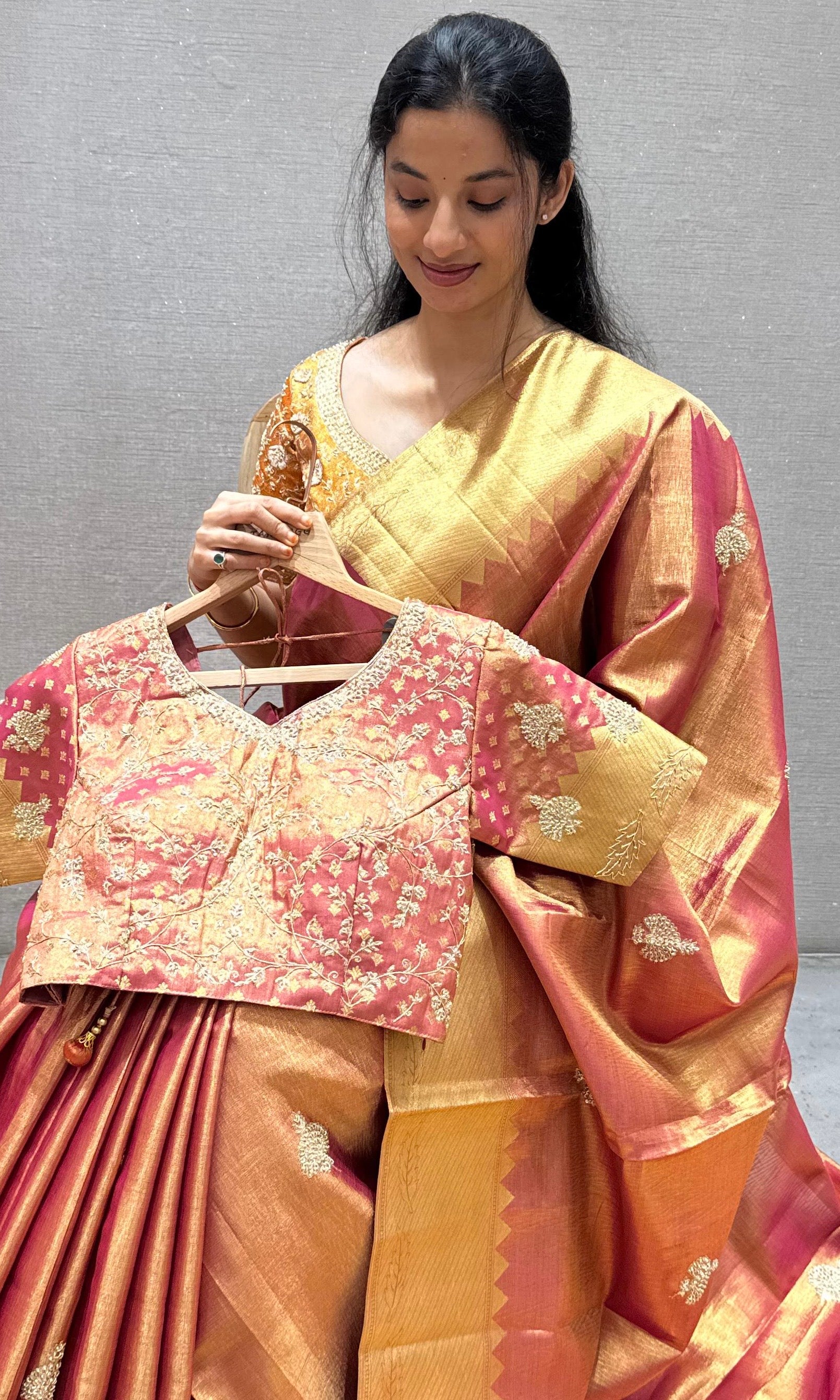 Rust orange and gold saree with ready blouse