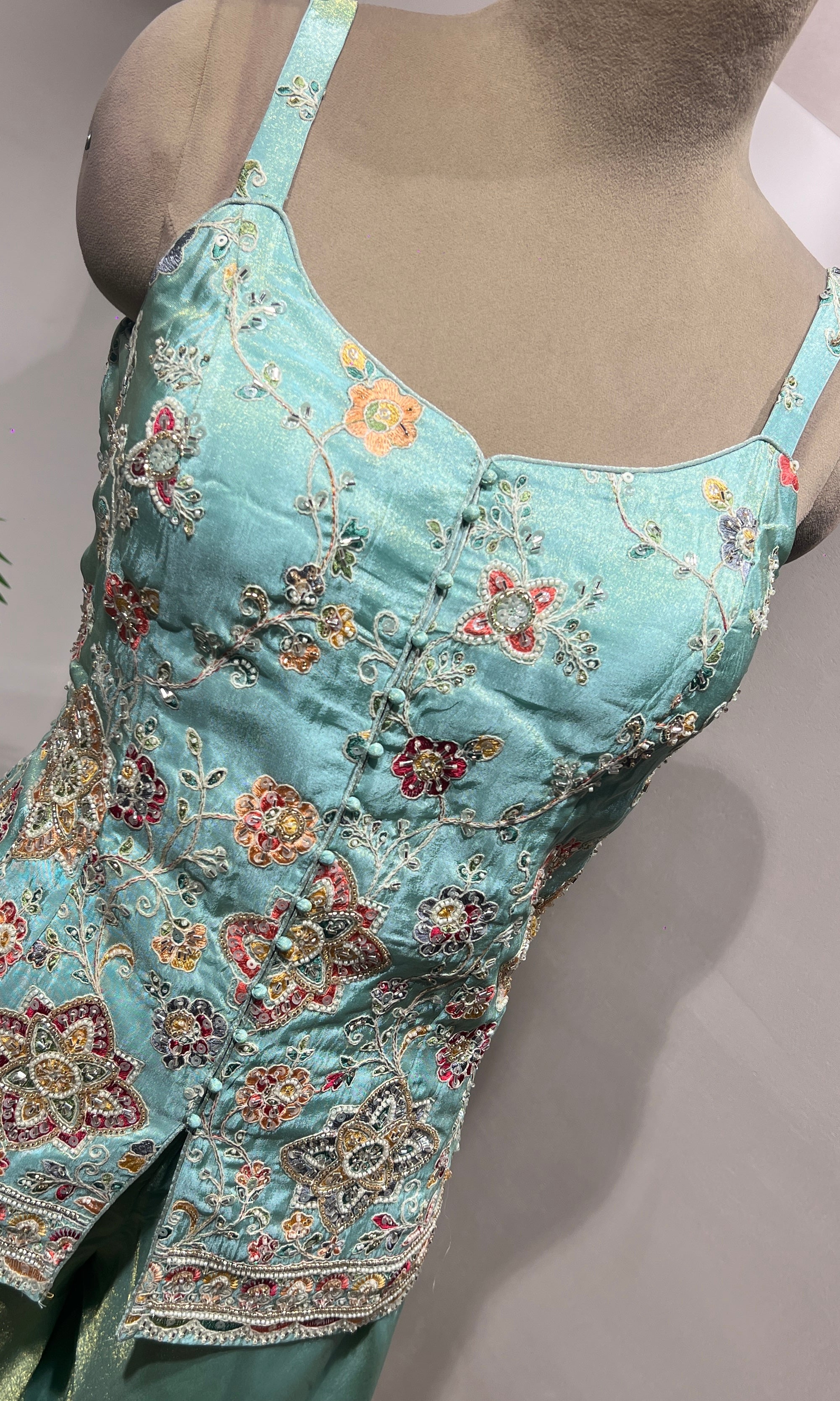 PISTA Green Shimmer Tissue Peplum Suit