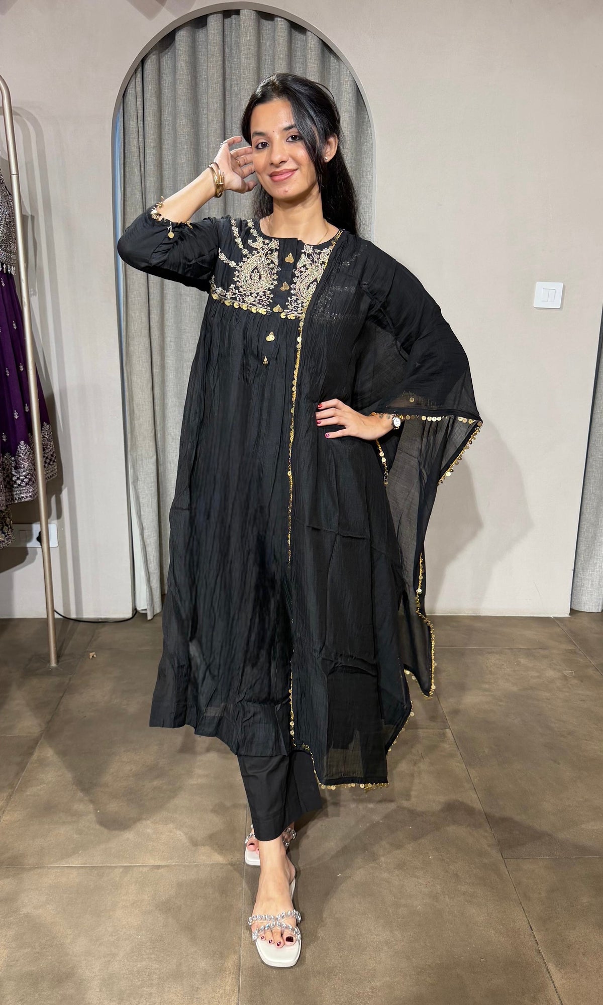 BLACK MUL CHANDERI KURTA SET WITH DUPATTA