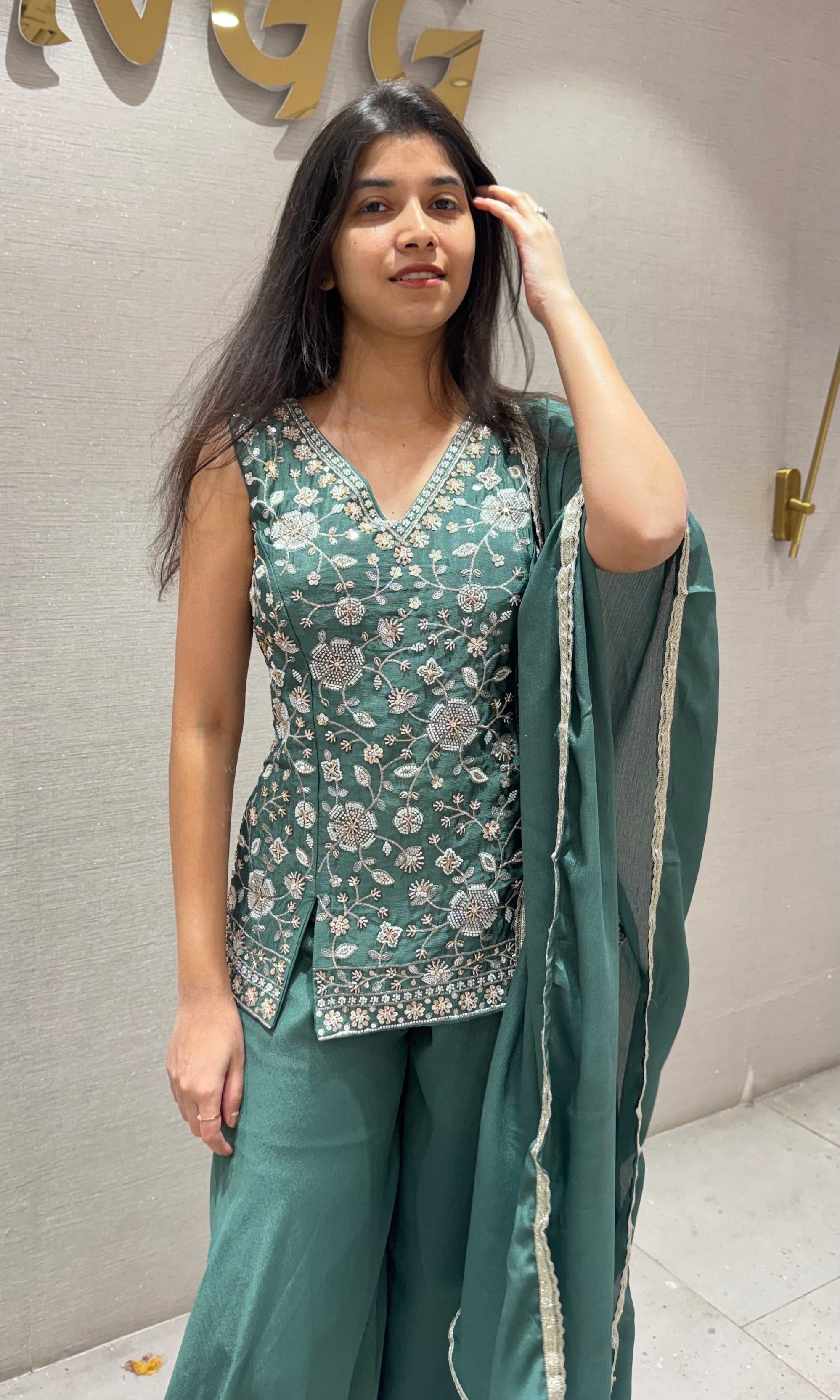 Green Peplum Sharara Set with Floral Embroidery
